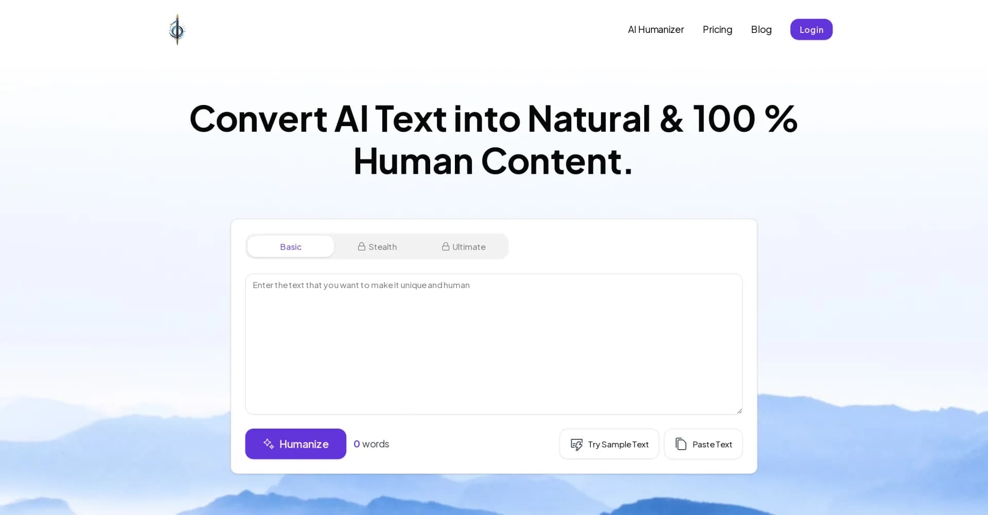 HumanizeText homepage screenshot — Convert AI text to natural, human-like content.