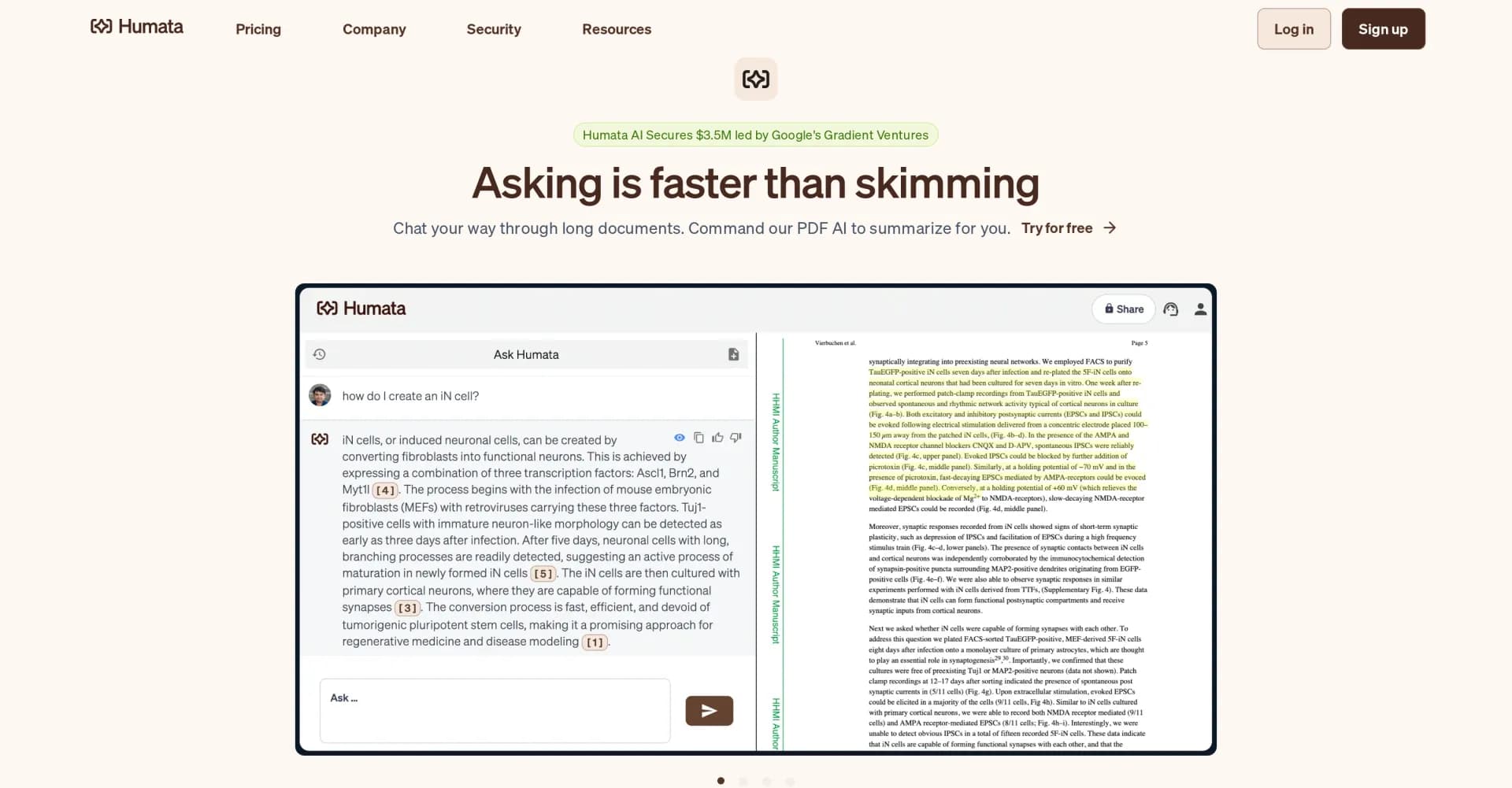 Humata homepage screenshot — Chat your way through long documents instantly.