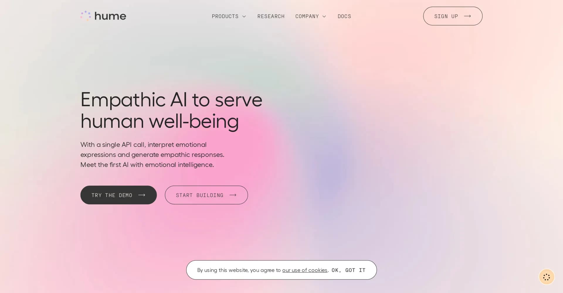 Hume AI homepage screenshot — Measure and enhance emotional intelligence in AI.