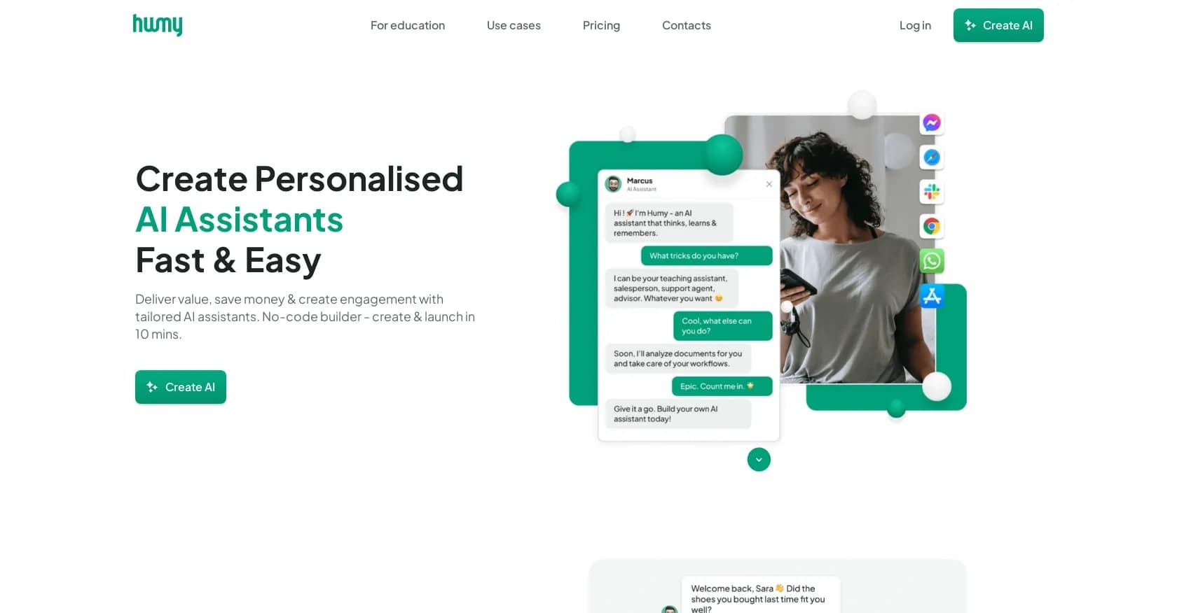Humy homepage screenshot — Create custom AI assistants in minutes