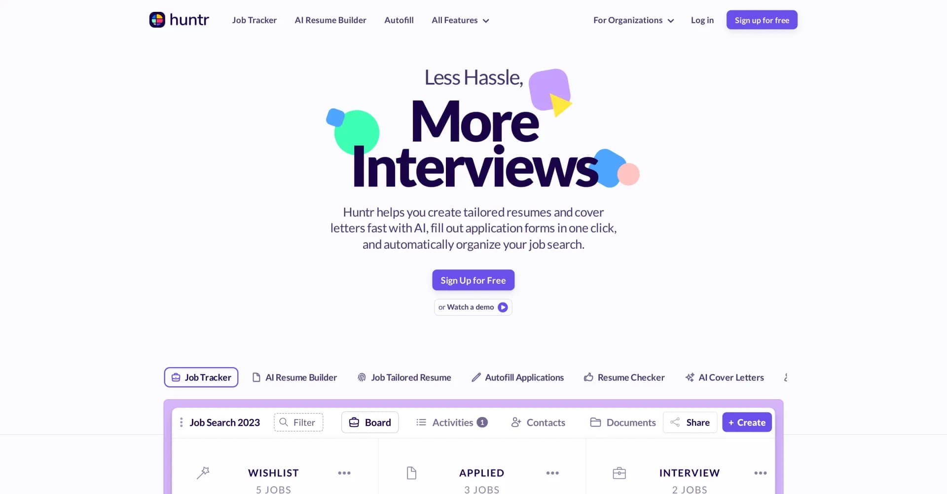 Huntr homepage screenshot — Supercharge your job search with AI-powered tools