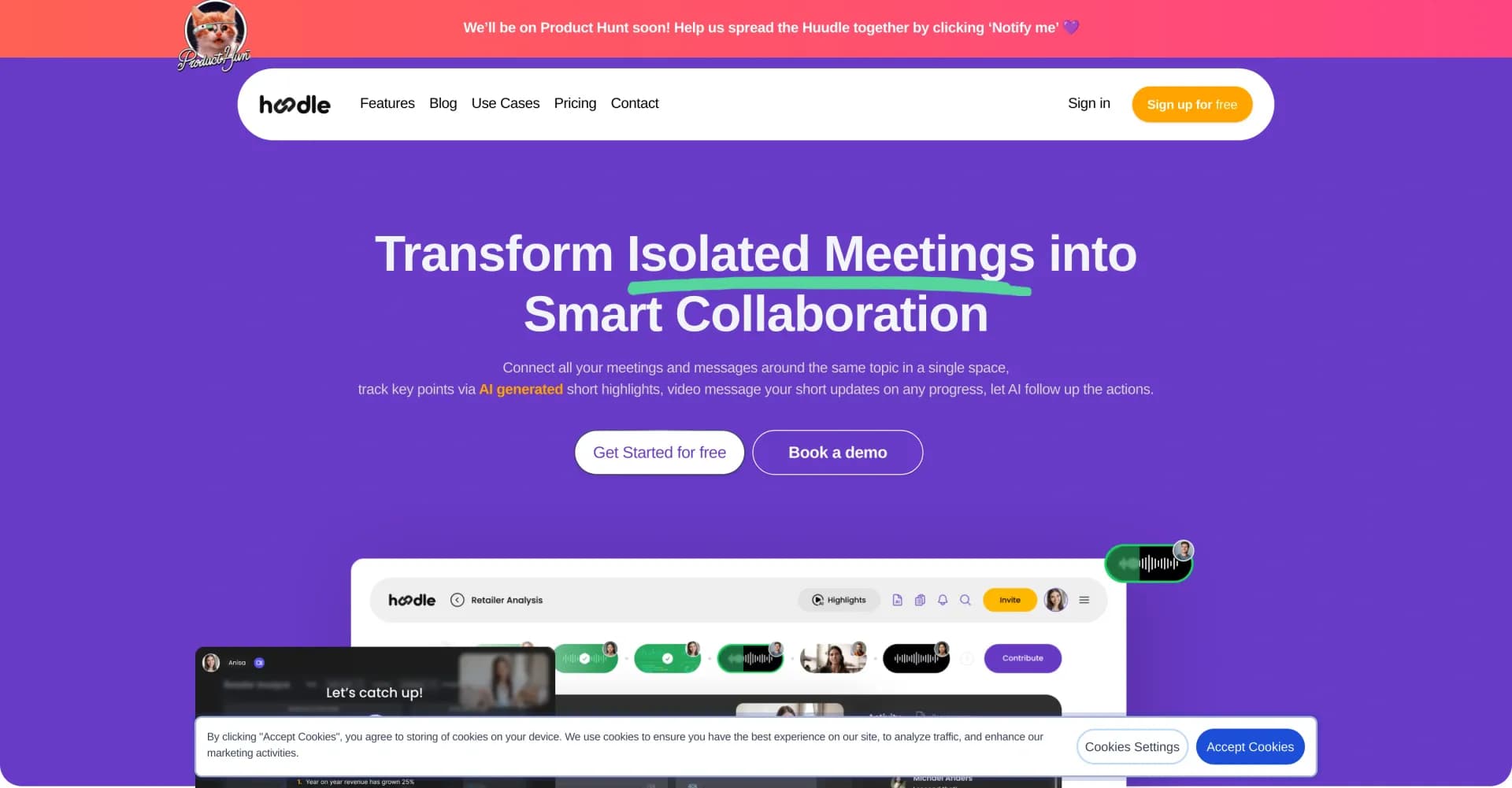 Huudle homepage screenshot — Transform isolated meetings into smart collaboration.