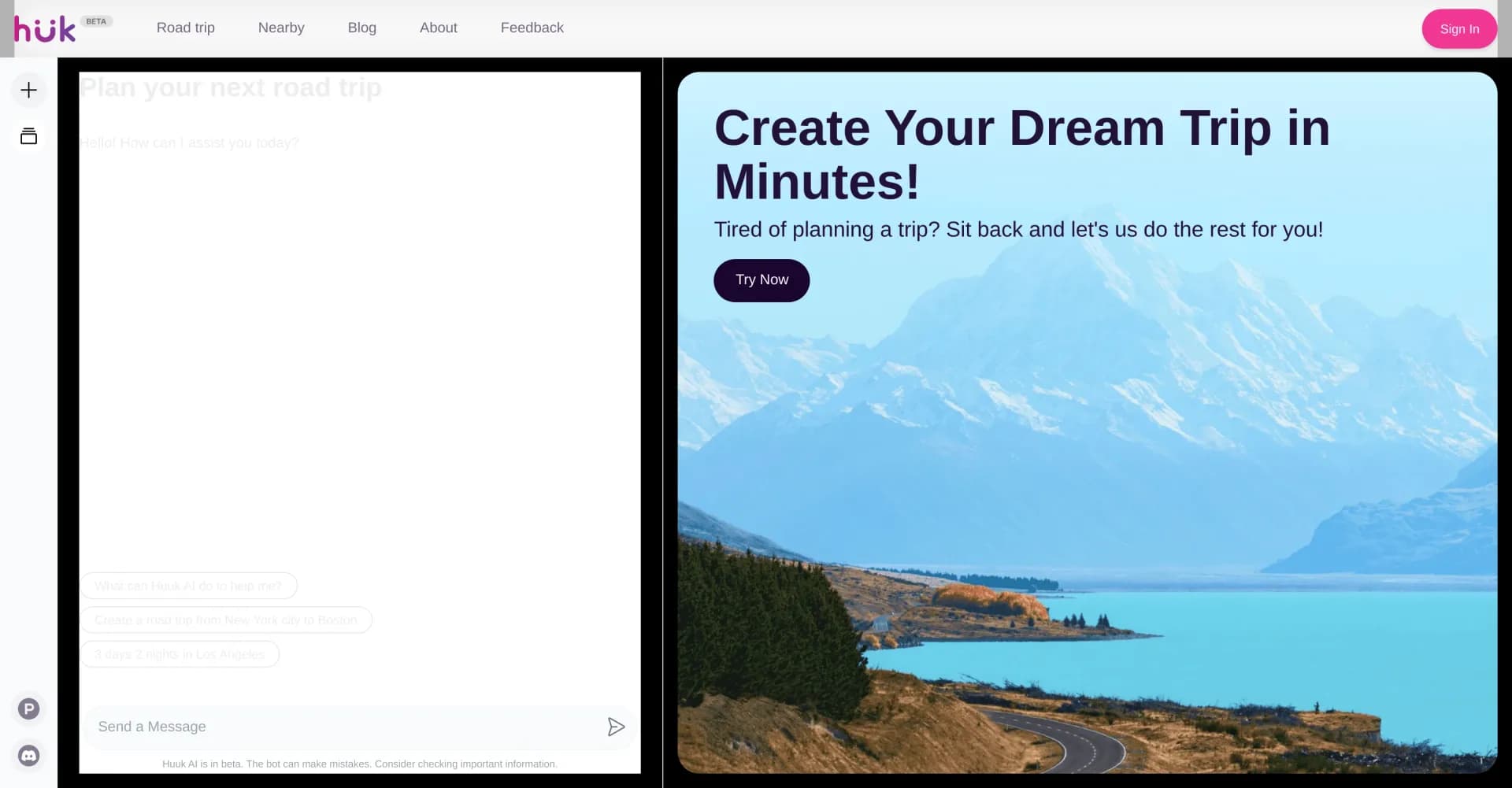 HUUK homepage screenshot — Create your dream trip in minutes
