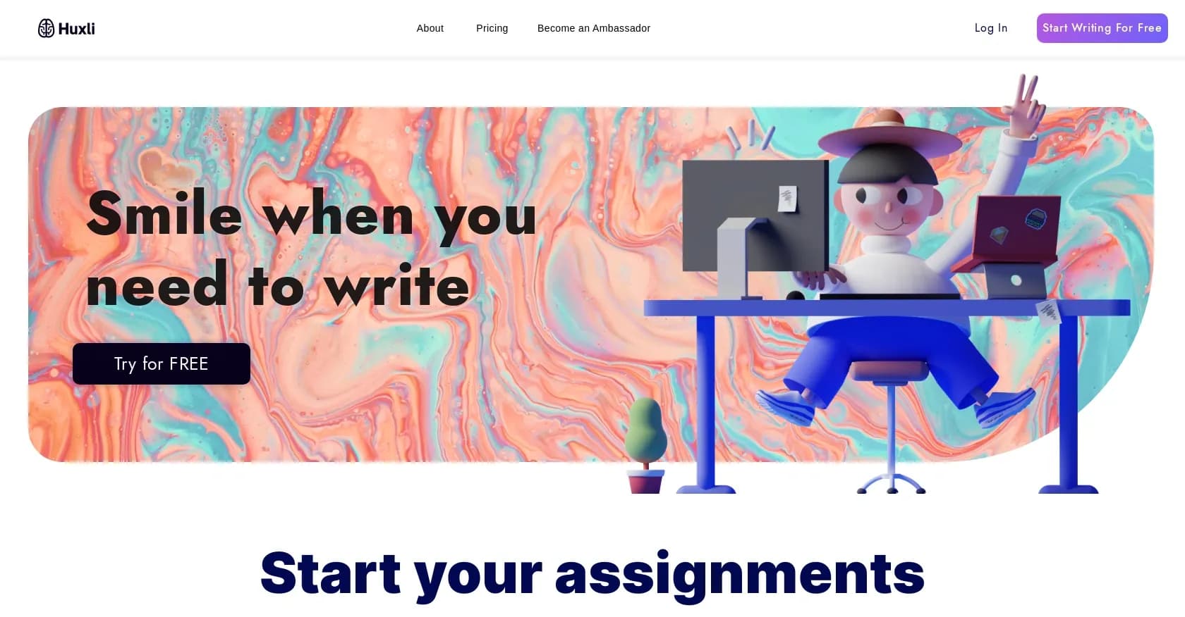 Huxli homepage screenshot — Transform deadline anxiety into good grades and fun weekends