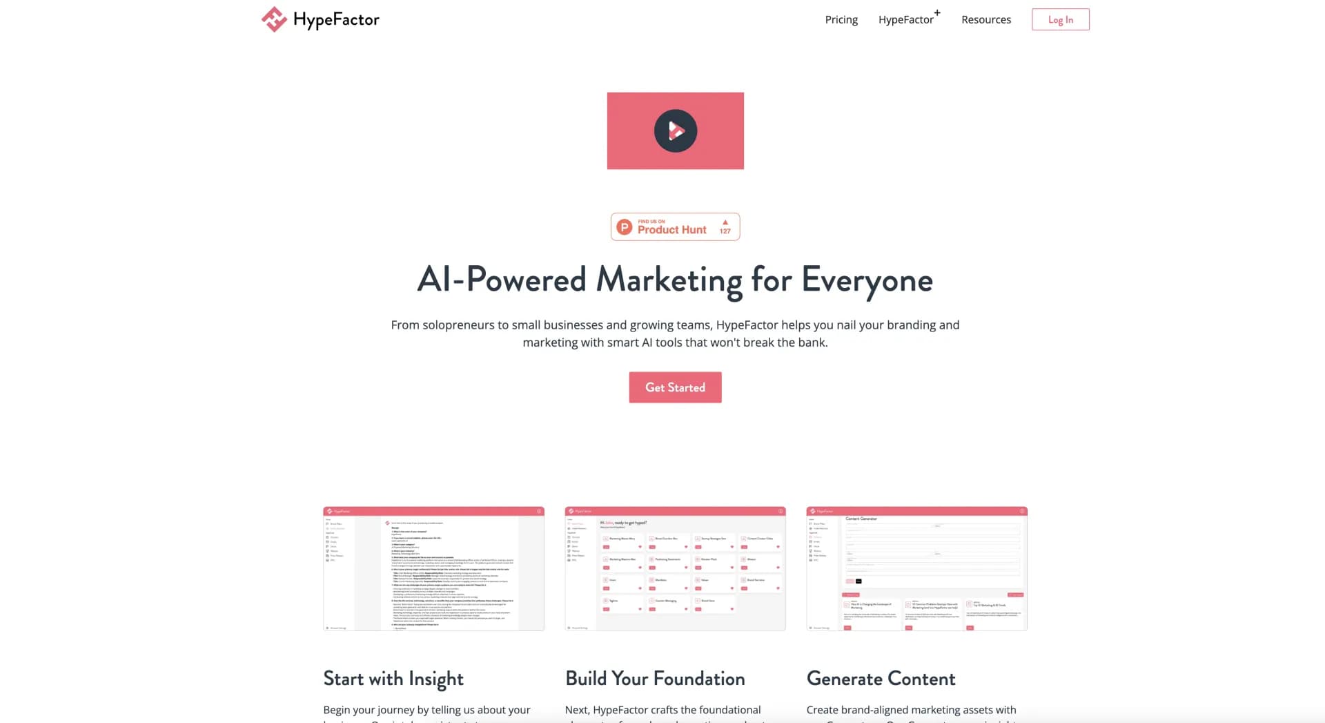 HypeFactor homepage screenshot — Streamline marketing workflows with AI-powered insights.