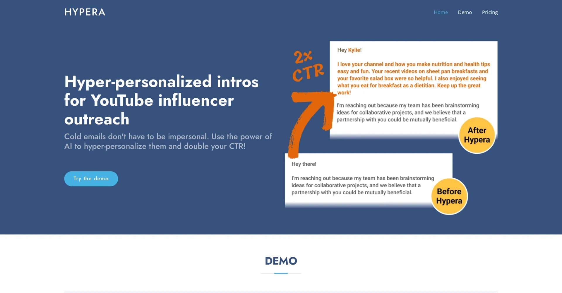 Hypera homepage screenshot — Boost CTR with AI-powered personalized cold emails