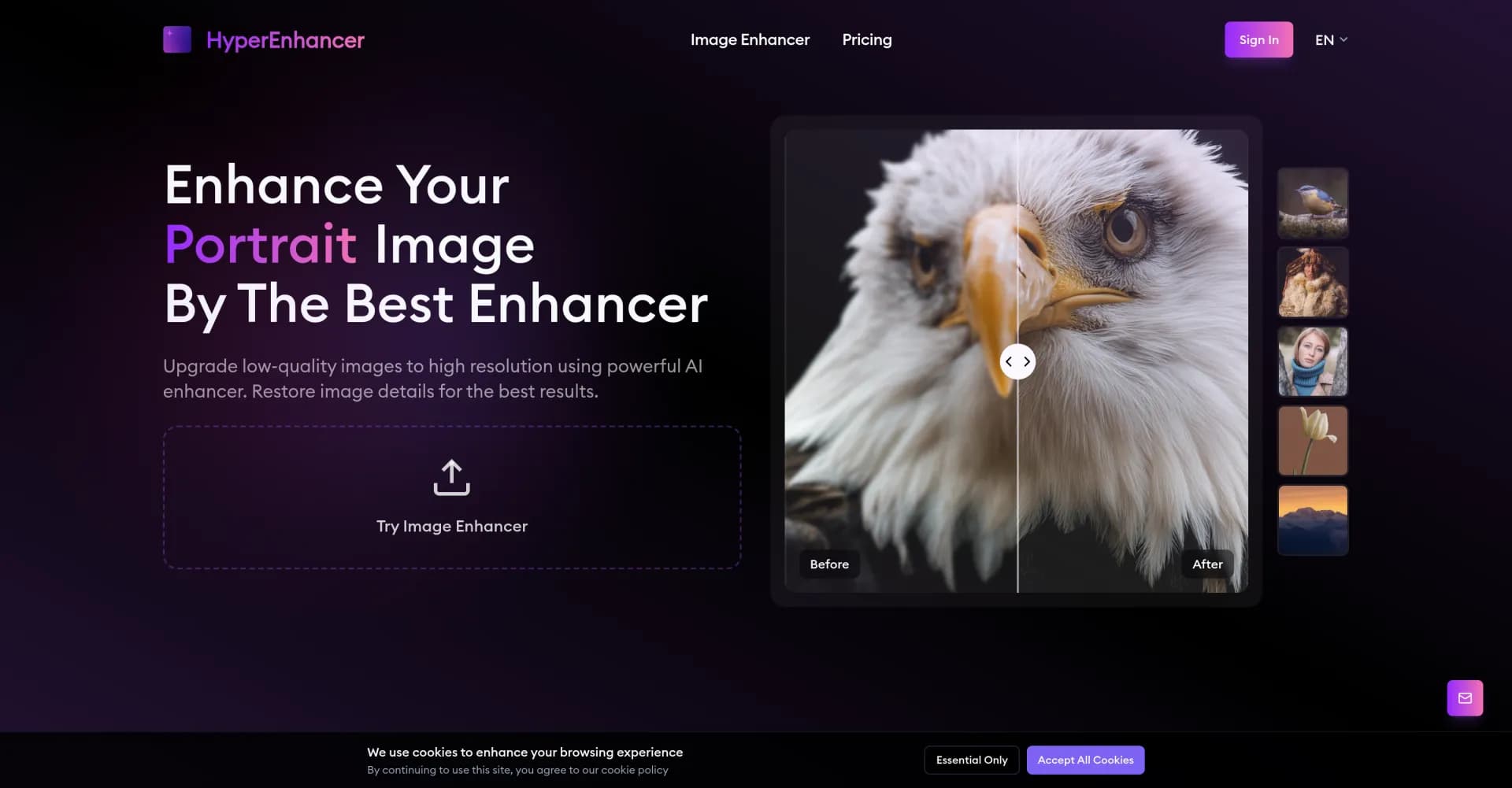 HyperEnhancer: AI Image Enhancer homepage screenshot — Upgrade low-quality images to high resolution.