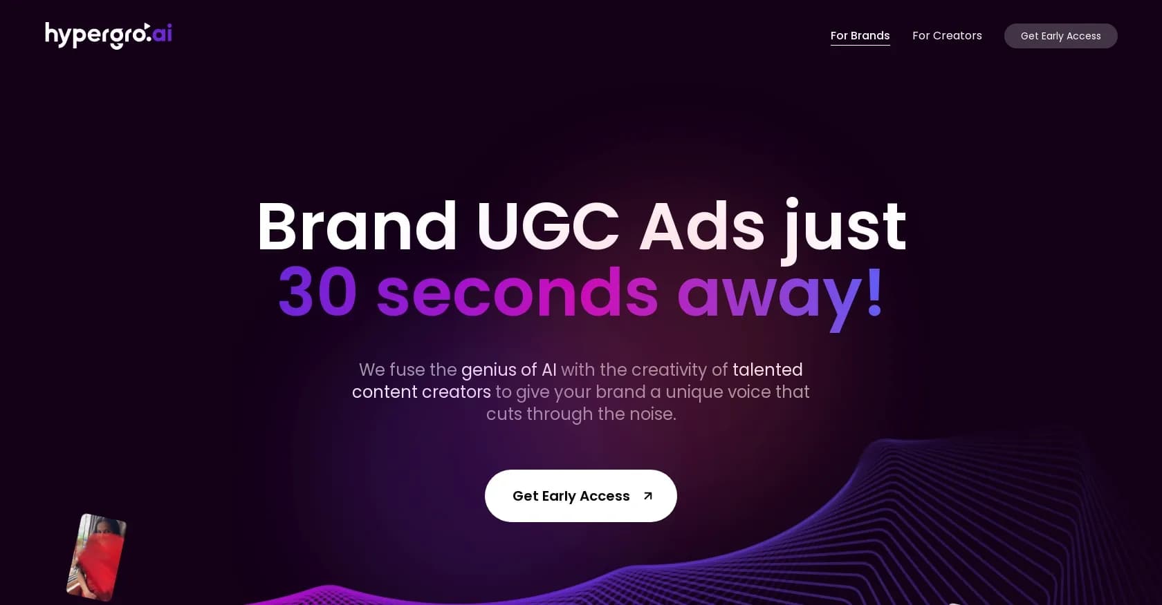 Hypergro homepage screenshot — AI-powered UGC video ads for smart customer acquisition