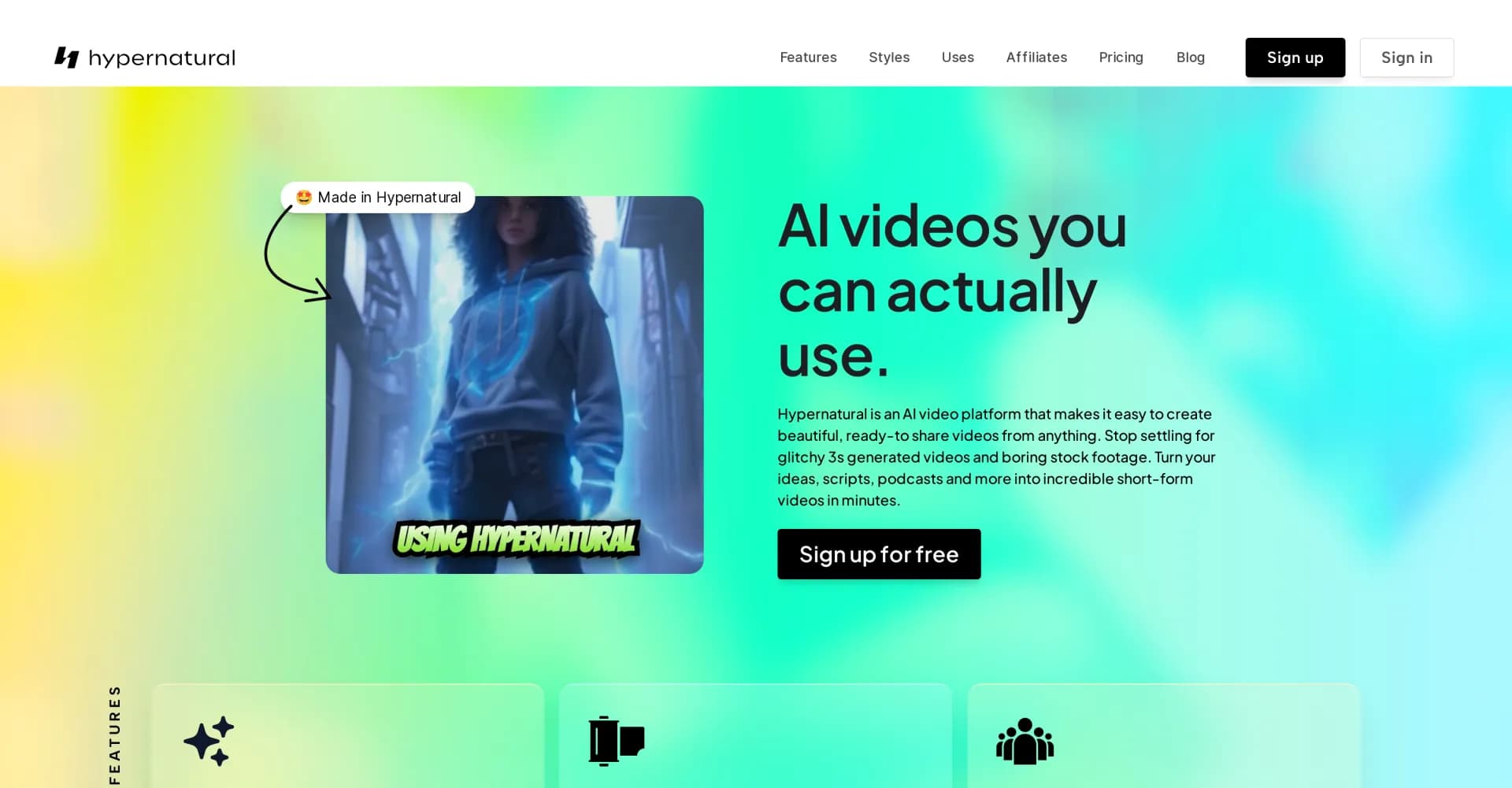 Hypernatural homepage screenshot — Turn ideas into incredible videos in minutes.