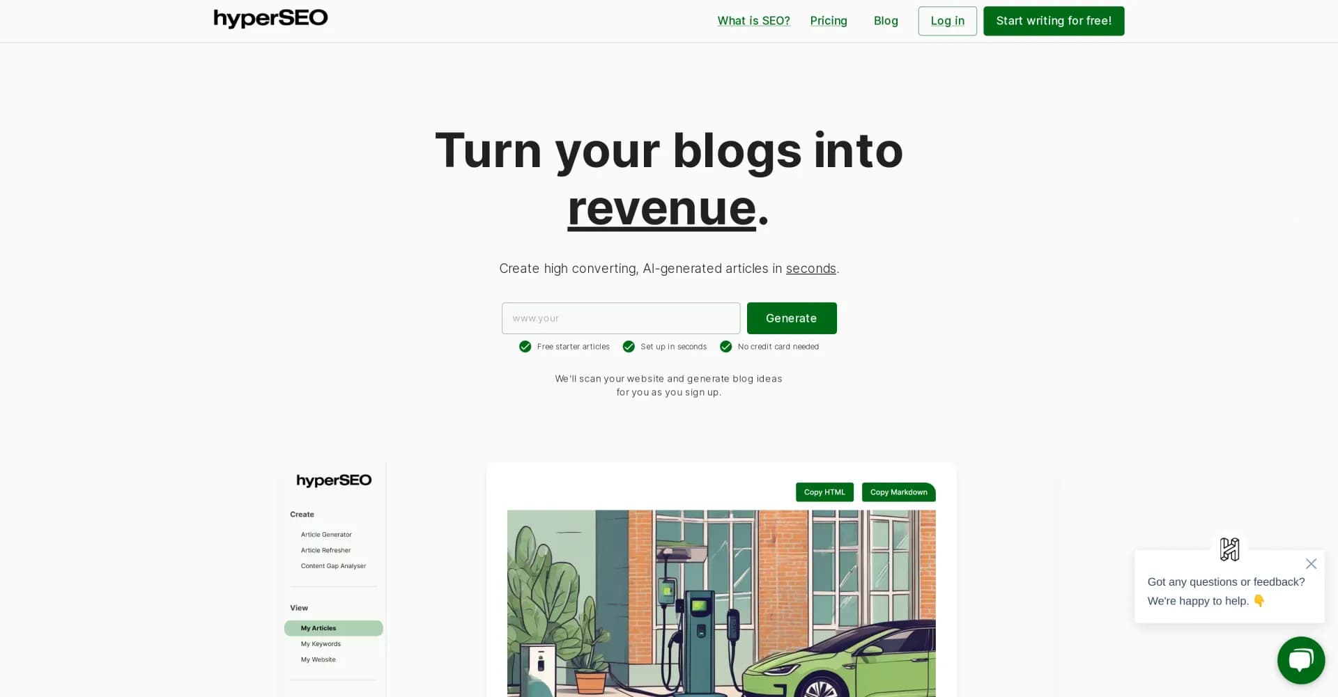 hyperSEO homepage screenshot — Turn blogs into revenue with AI-generated articles.