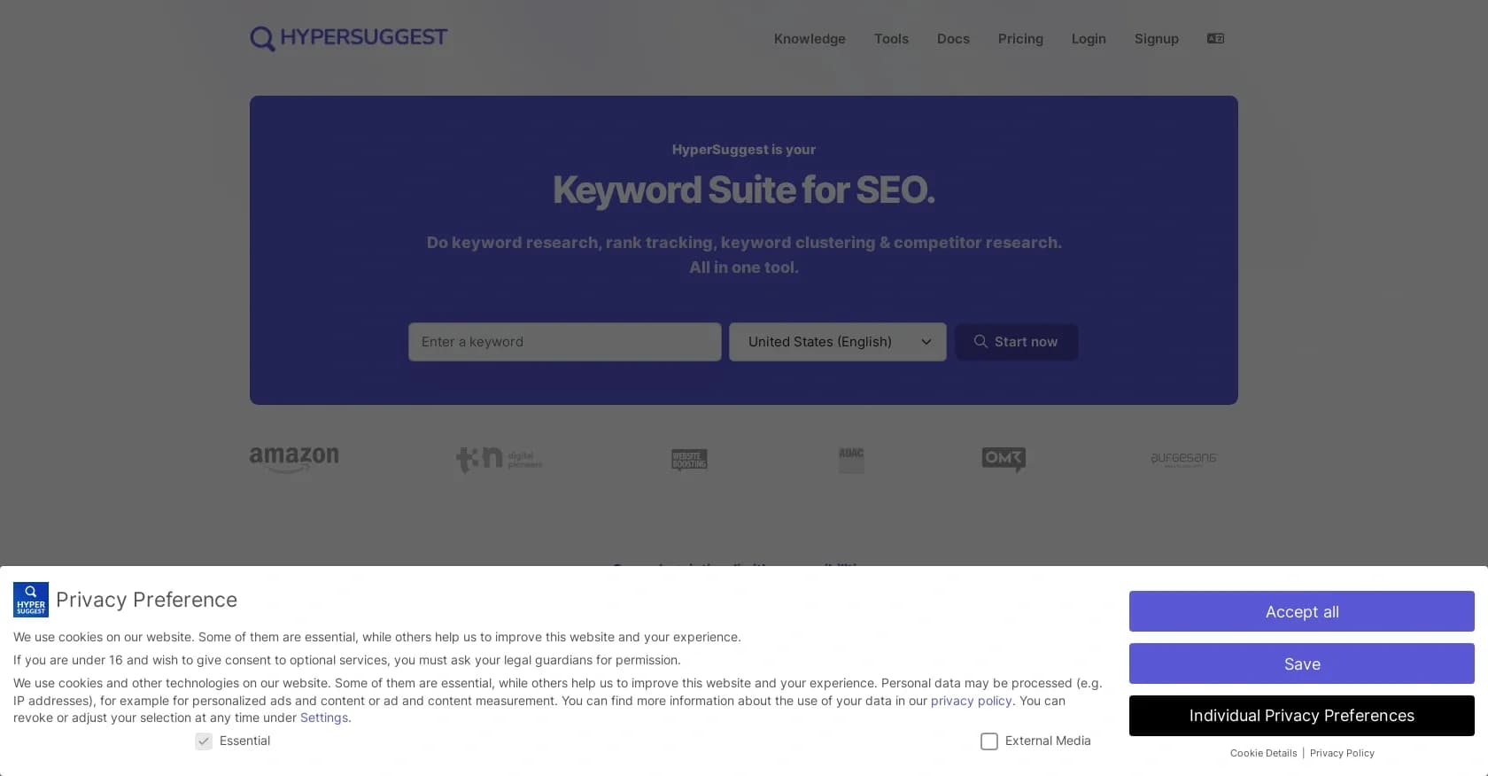 HyperSuggest homepage screenshot — Instant longtail keywords and AI clustering in seconds.