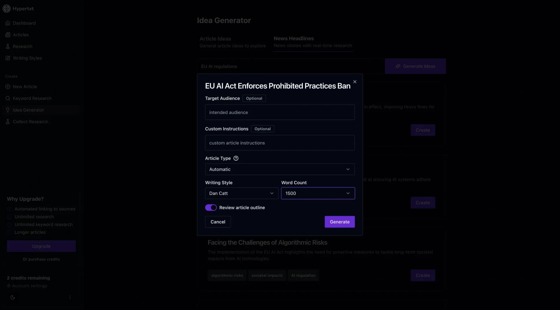 Hypertxtv3.0 homepage screenshot — Your new favorite AI article writing tool