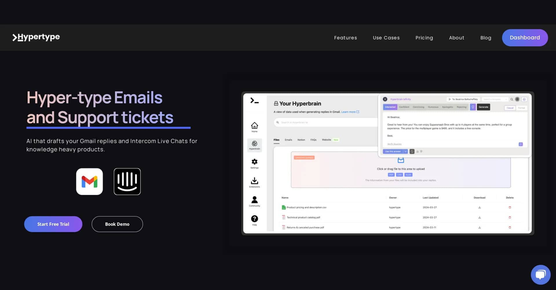 Hypertype homepage screenshot — Write smart emails with company intelligence