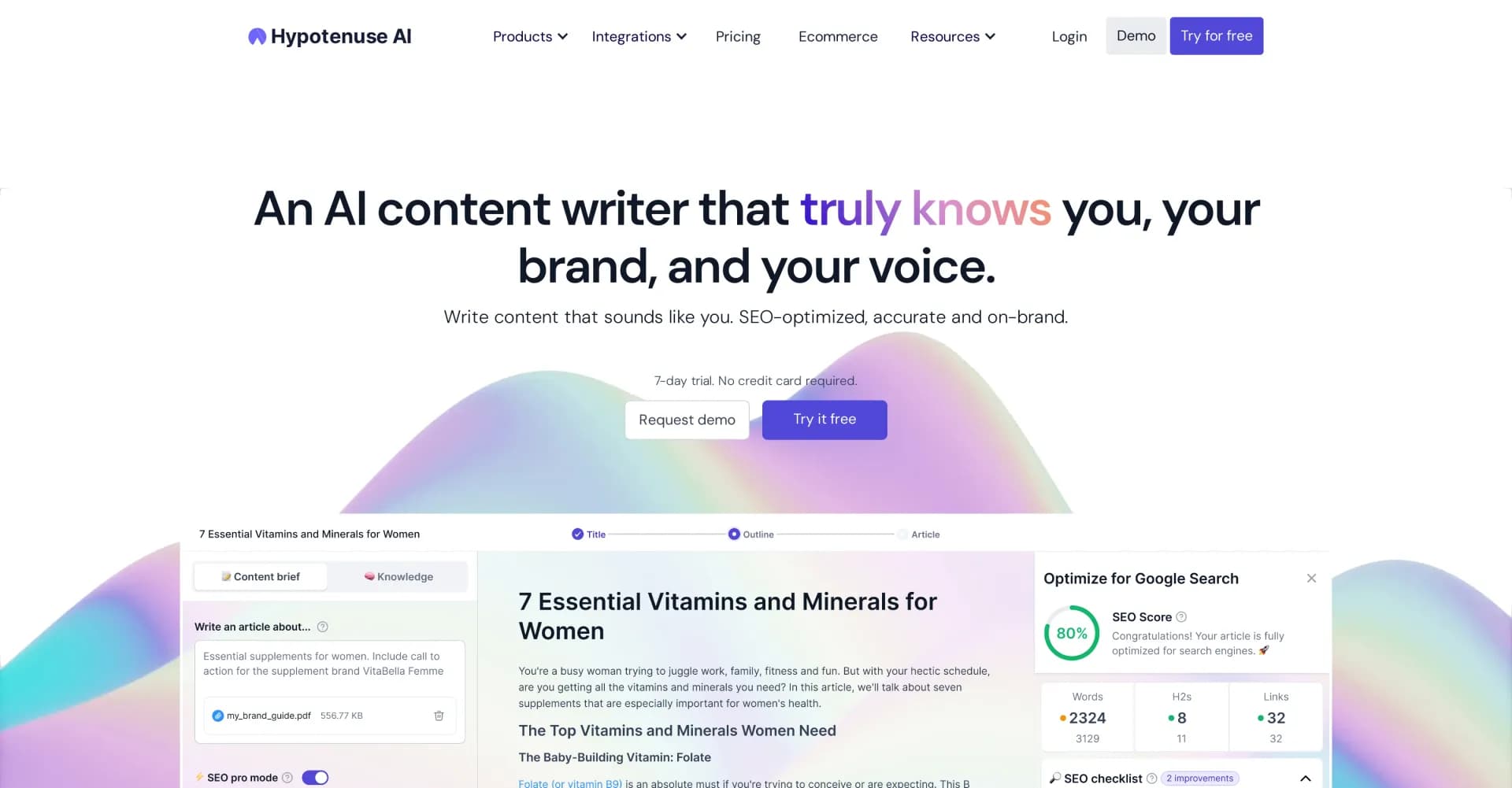 Hypotenuse AI homepage screenshot — AI-powered content creation for SEO and marketing