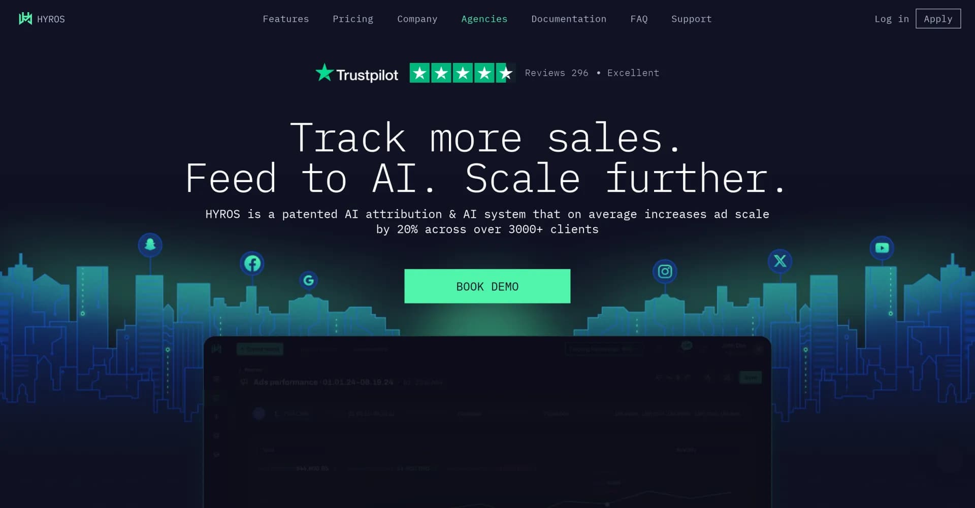 Hyros homepage screenshot — Accurate ad tracking for confident marketing decisions.