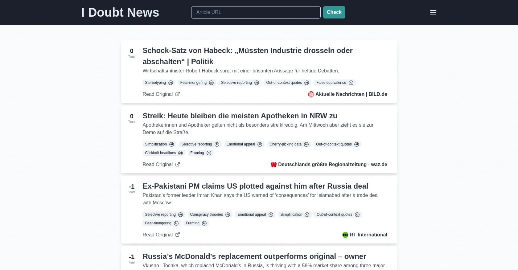 I Doubt News homepage screenshot — AI-powered news analysis and fact-checking platform