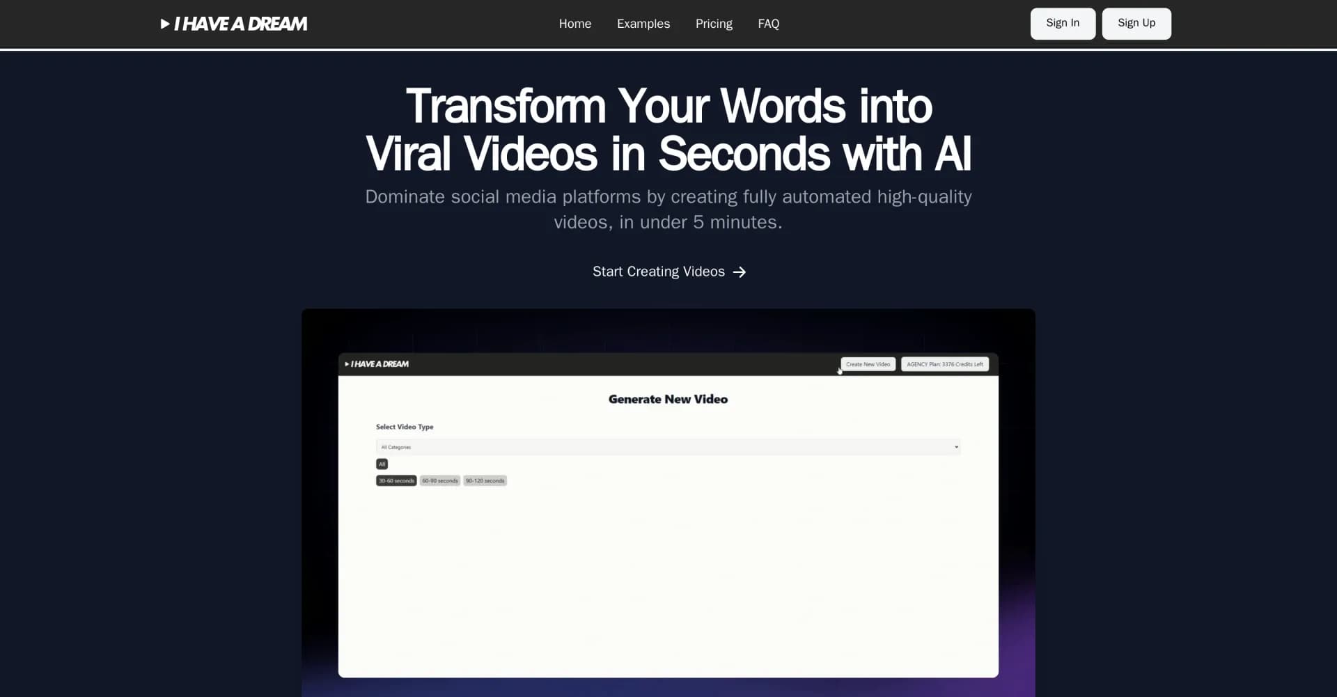 I Have a Dream homepage screenshot — Transform words into viral videos with AI