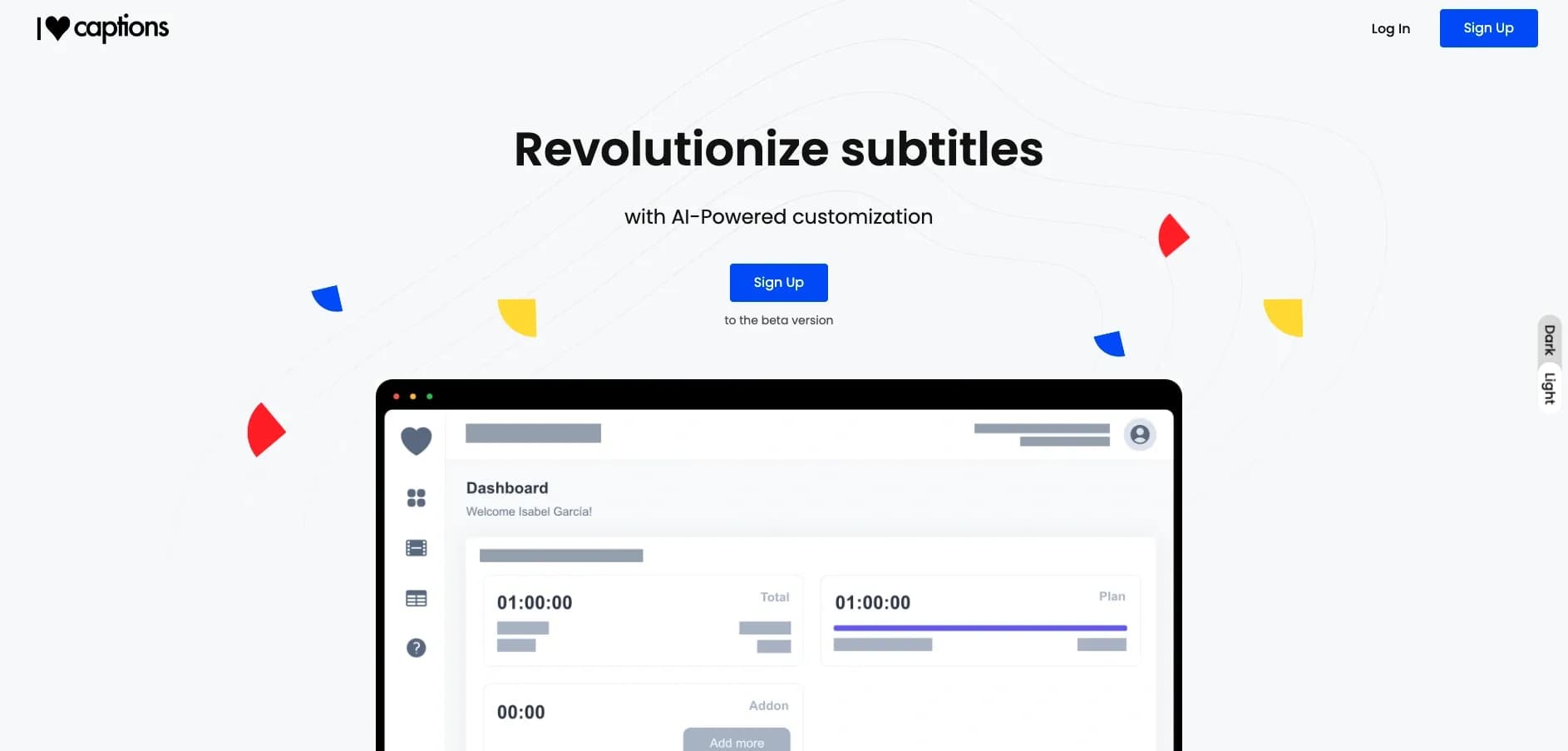 I Love Captions homepage screenshot — AI-powered subtitles in half the time.