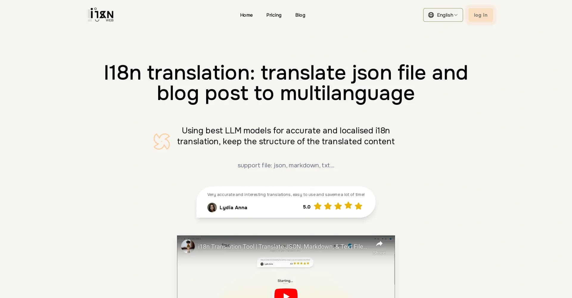 i18n Translation Tool homepage screenshot — AI-powered multilingual translation for JSON and blog posts