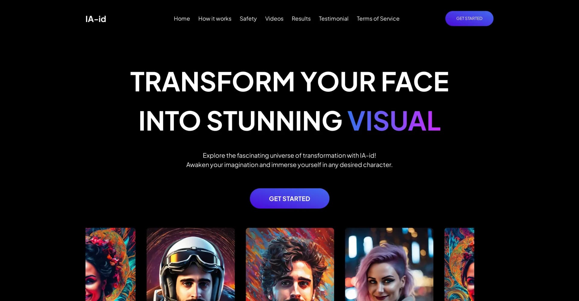 IA-ID homepage screenshot — Transform your face into any character with AI.
