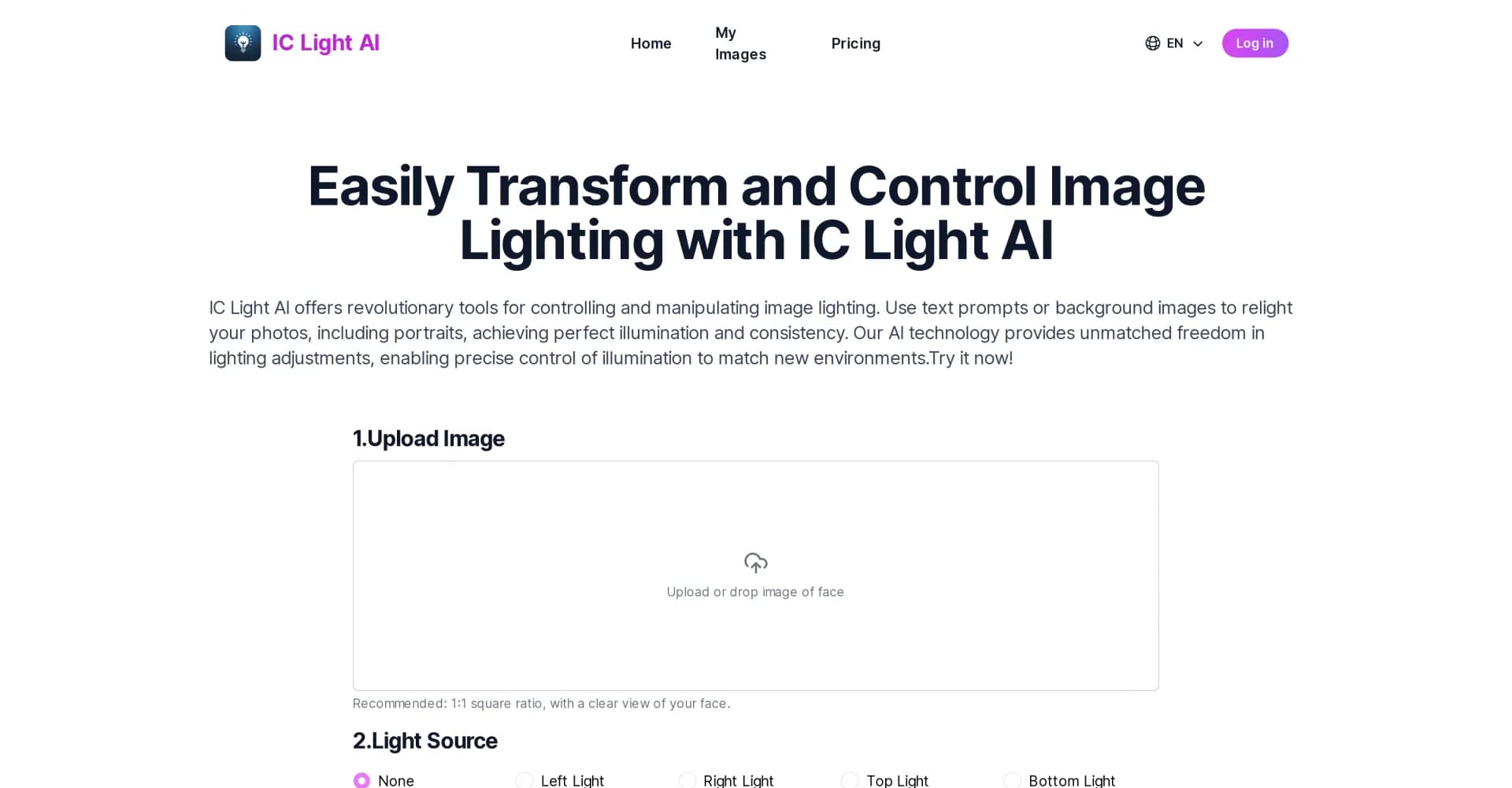 IC Light AI homepage screenshot — Control and transform image lighting with AI