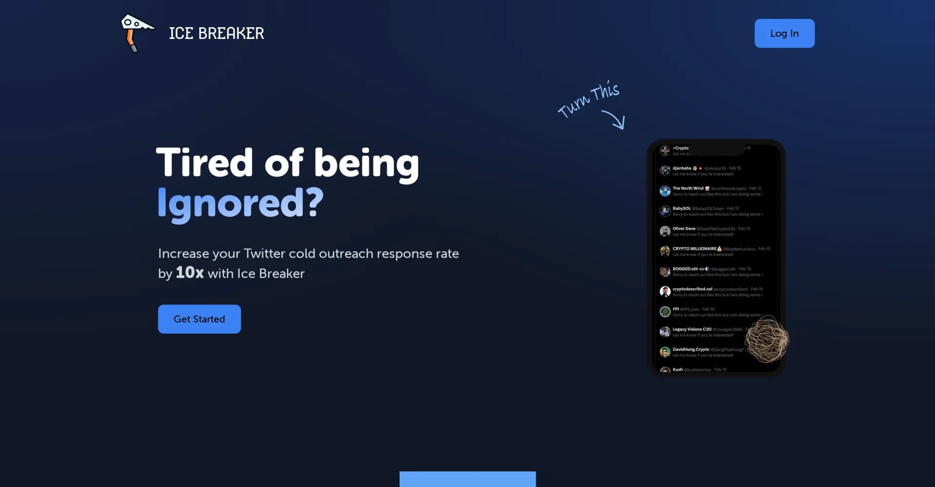 Ice Breaker homepage screenshot — AI-powered personal messages for Twitter outreach.