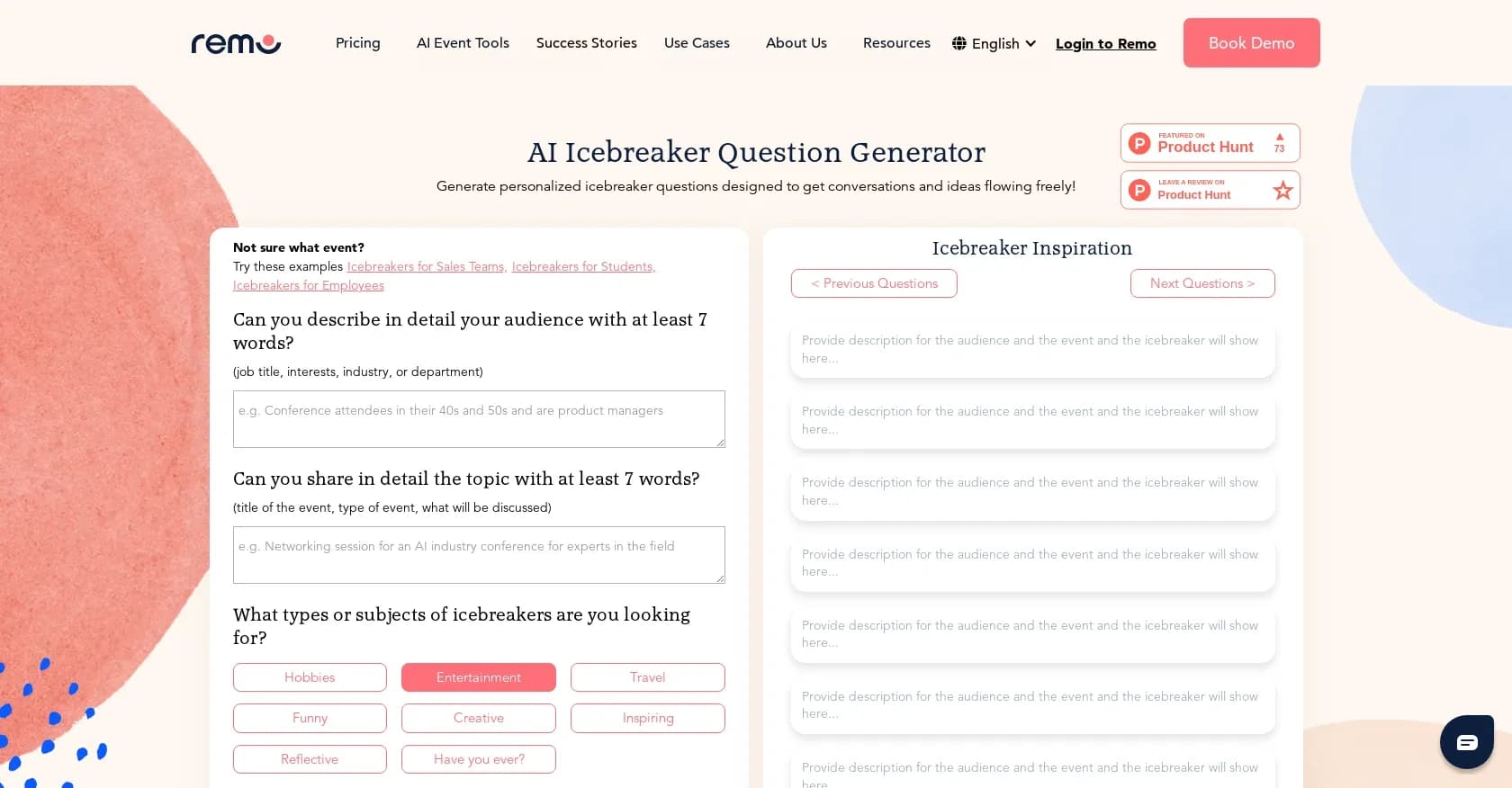 Icebreaker Question Generator homepage screenshot — Transform events with AI-powered engagement tools.
