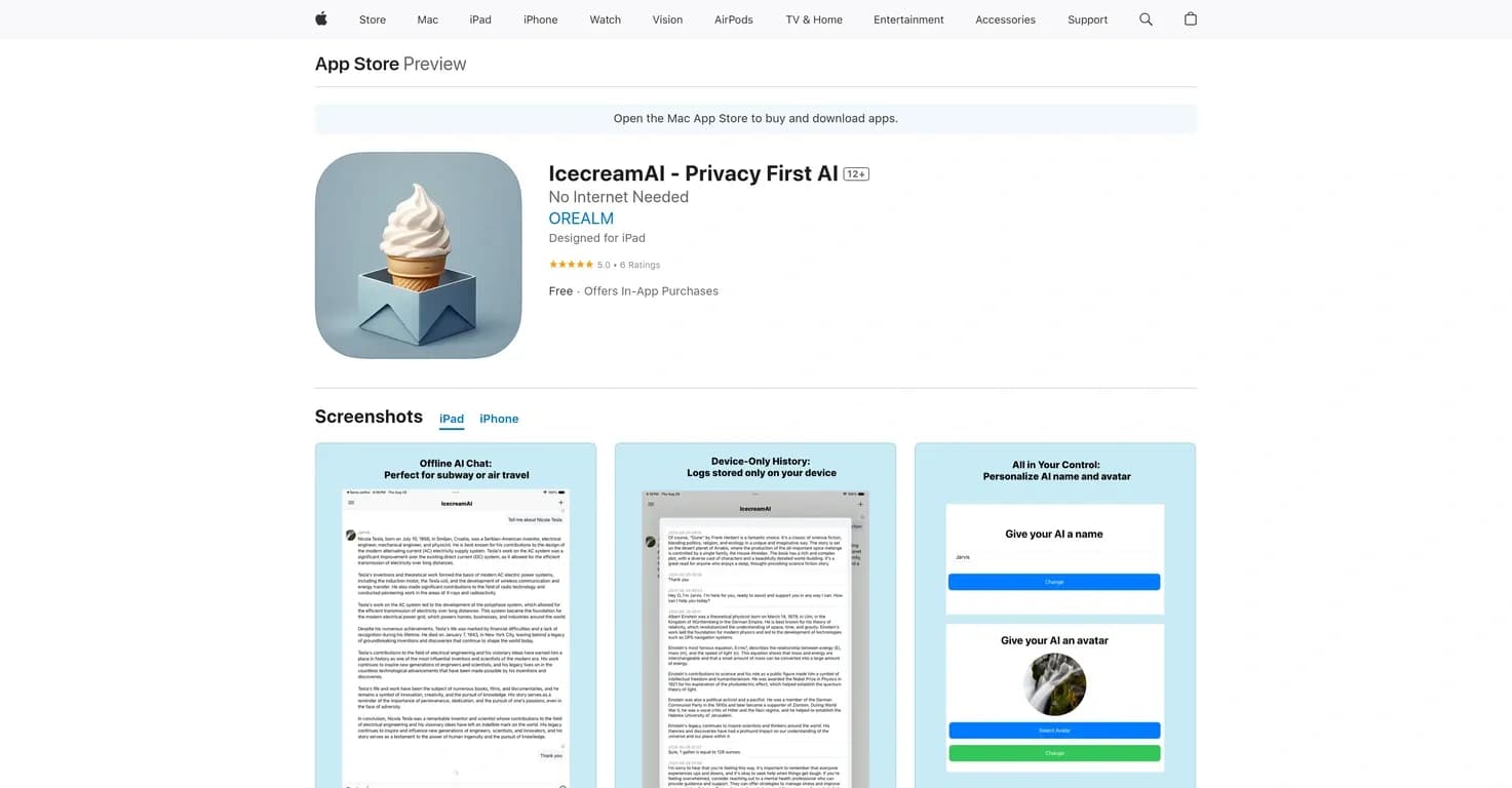 IcecreamAI - Privacy First AI homepage screenshot — Privacy-first AI without internet needed