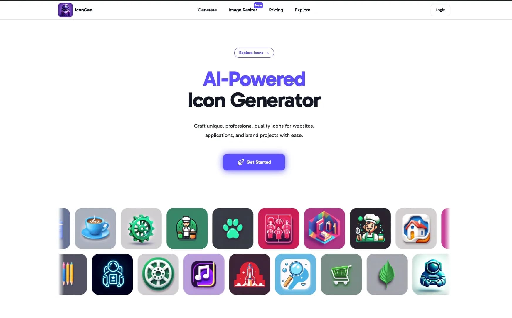 Icon Generate homepage screenshot — Craft unique, professional-quality icons with AI.