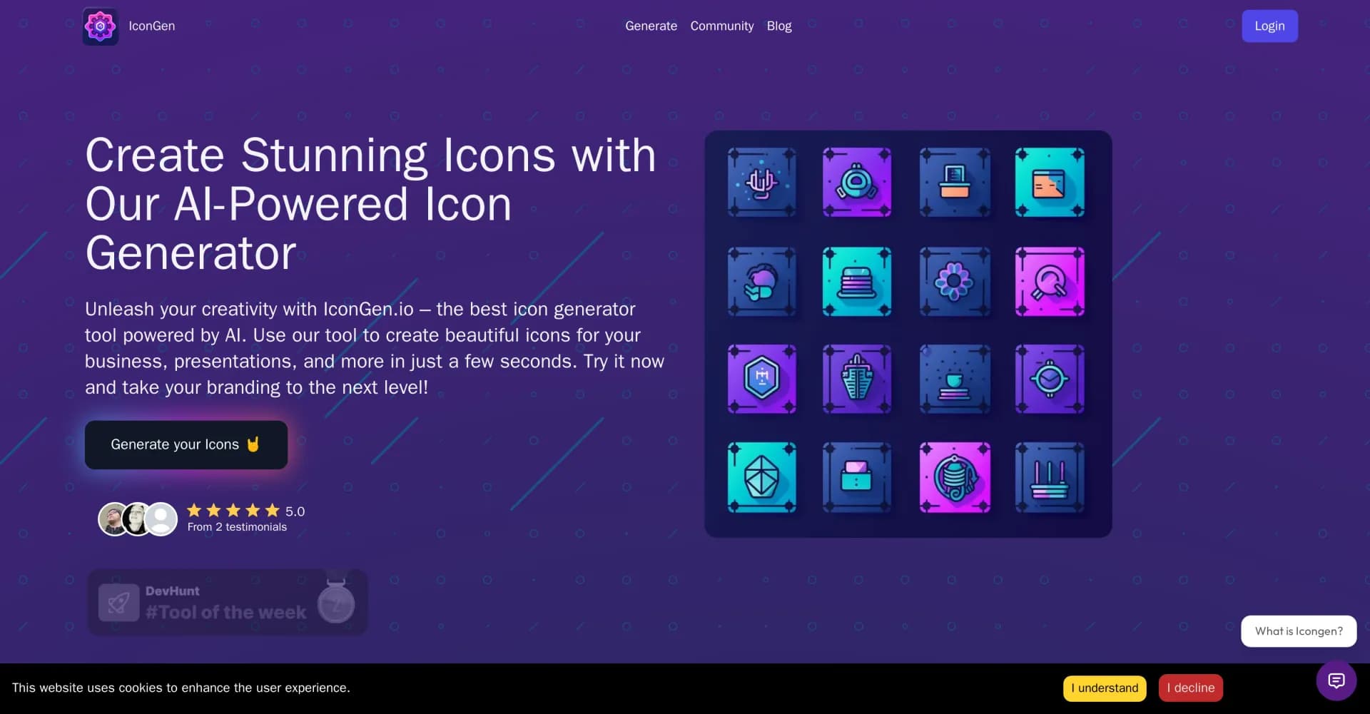 Icongen homepage screenshot — Create stunning icons in seconds with AI.