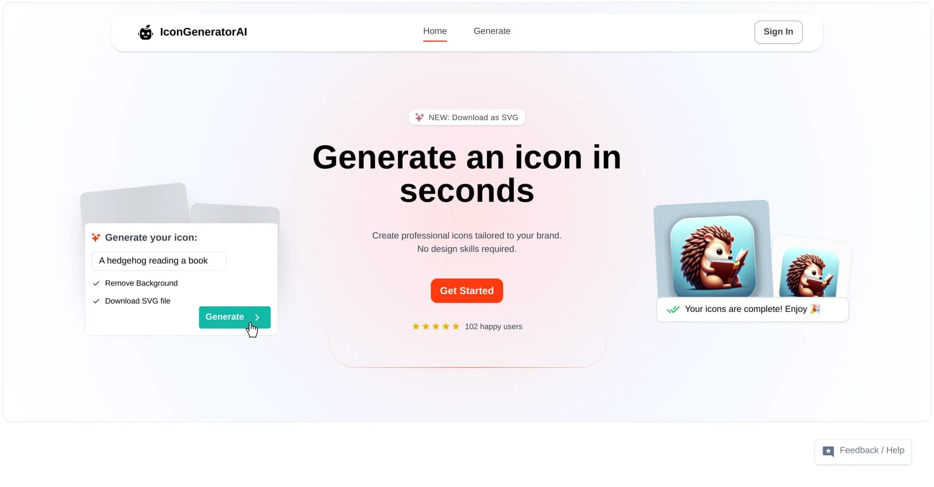 IconGeneratorAI homepage screenshot — Create custom icons instantly. No design skills needed.