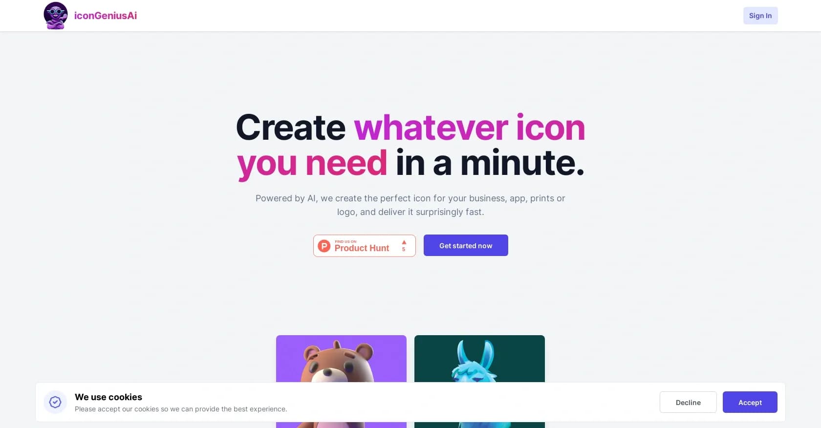 IcongeniusAI homepage screenshot — Create perfect icons in minutes with AI.