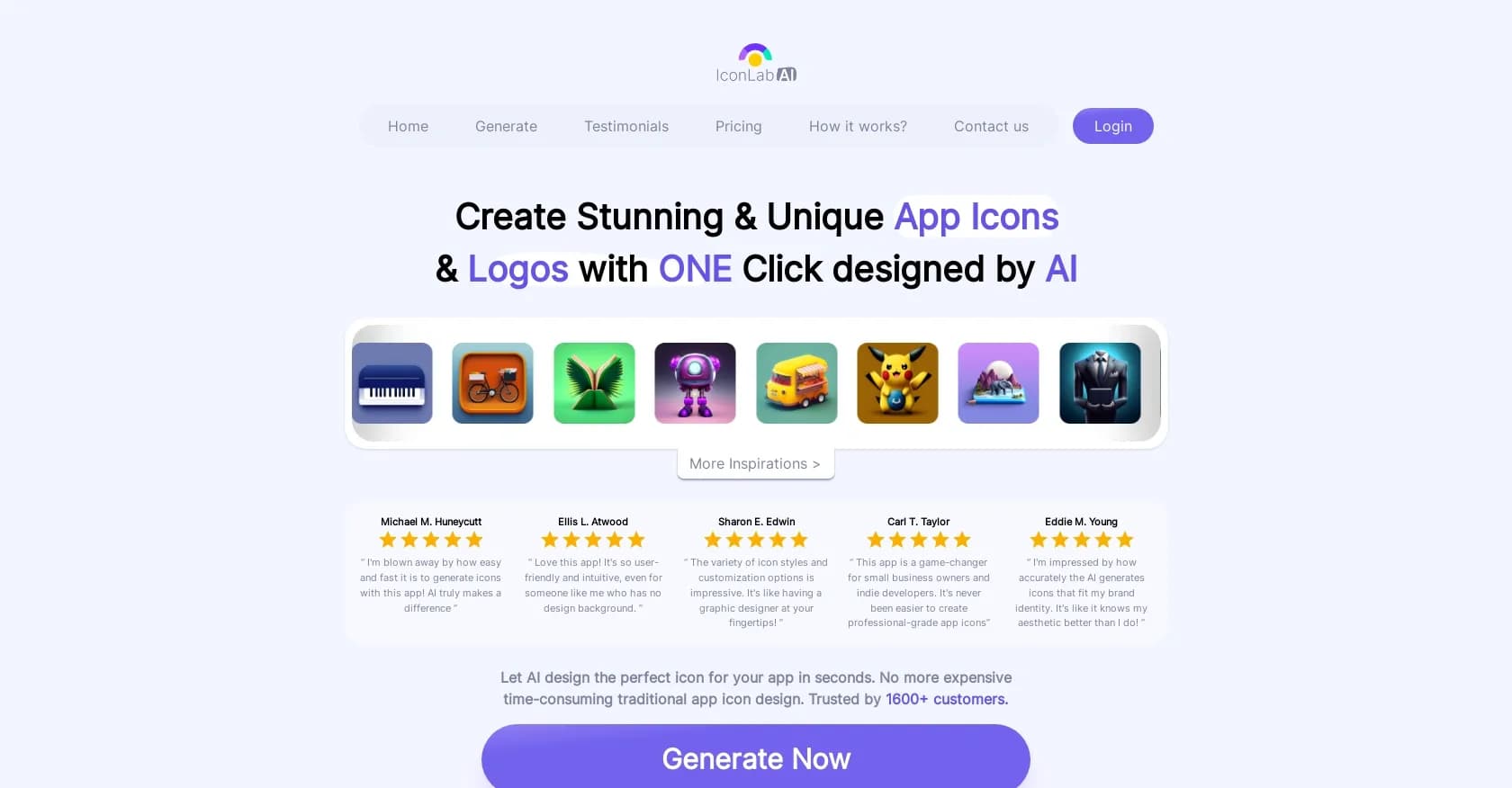 IconlabAI homepage screenshot — Create stunning app icons with AI in one click