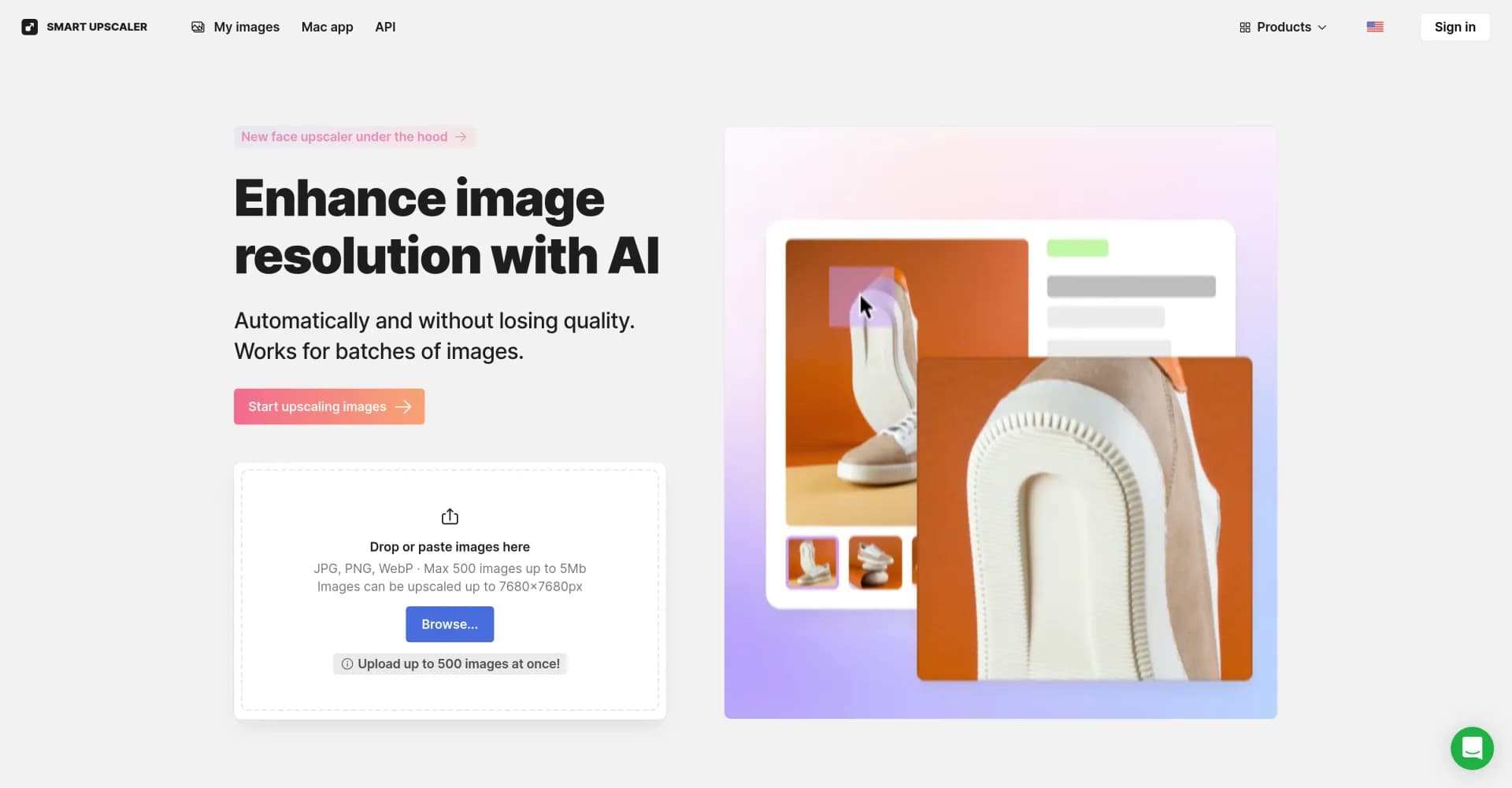 Icons8 AI Image Upscaler homepage screenshot — Enhance images with AI up to 8x resolution.