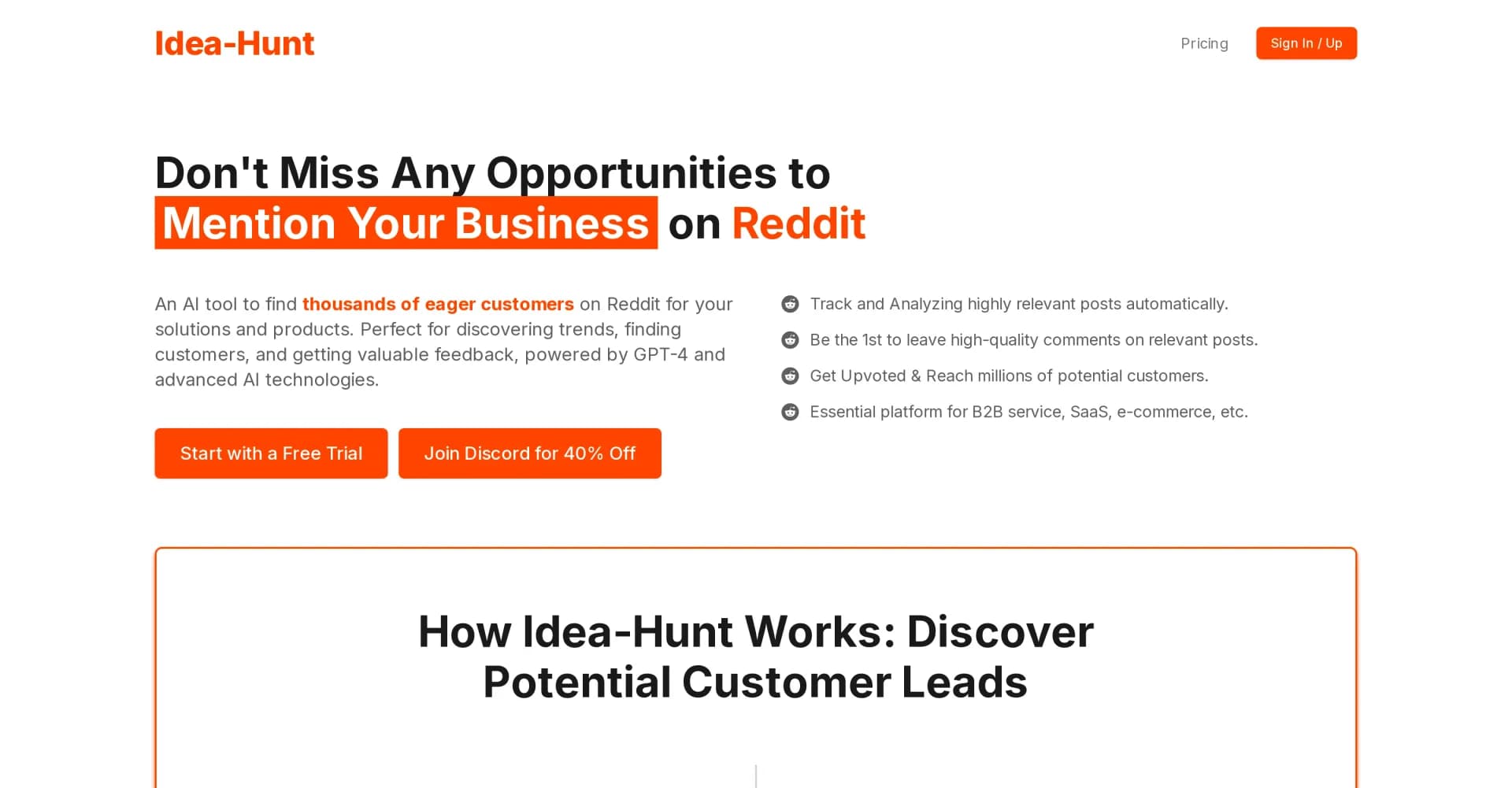 Idea-Hunt homepage screenshot — Find eager customers on Reddit with AI