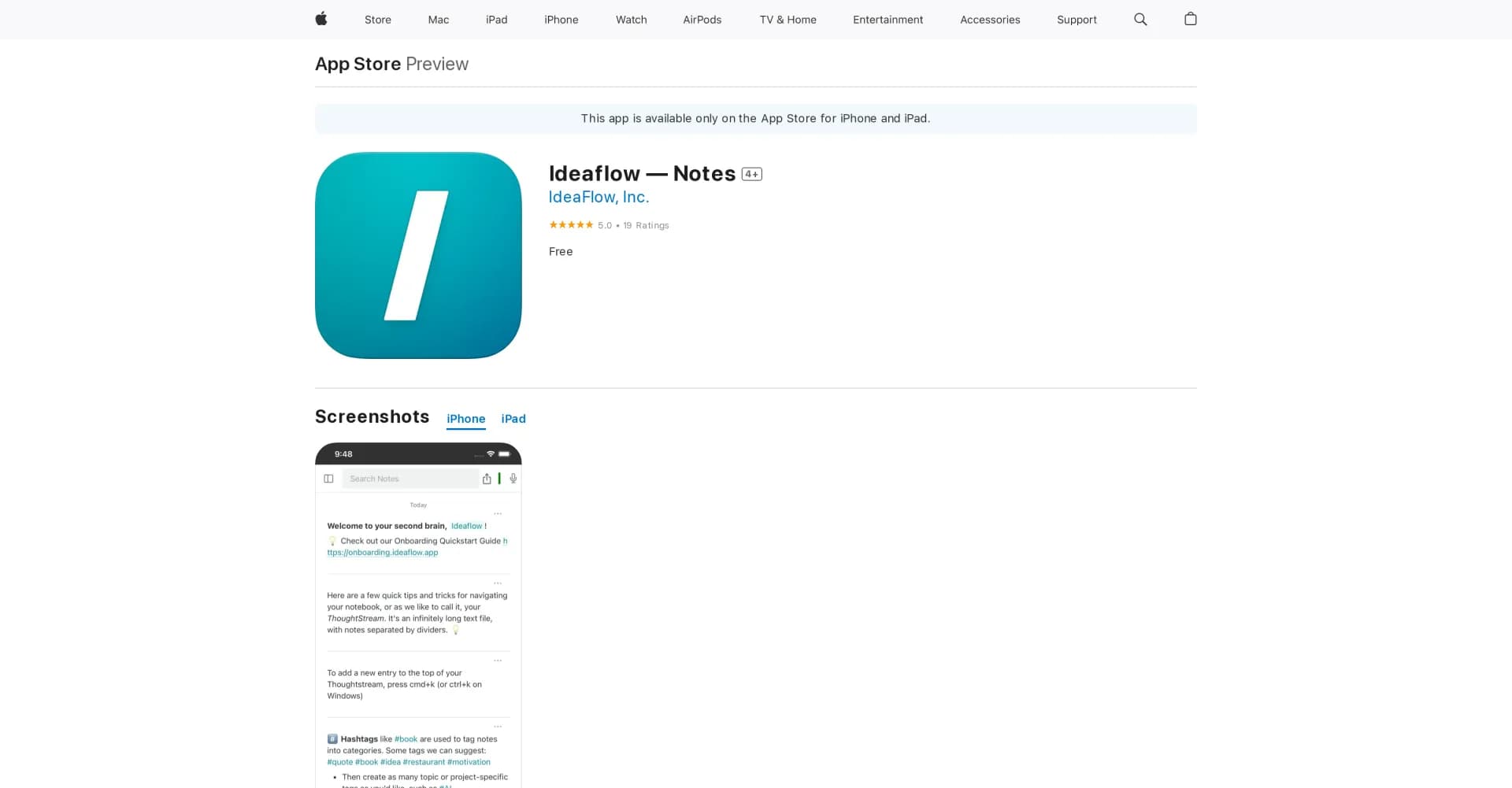 Ideaflow Notes homepage screenshot — Transforming thoughts into actionable notes.