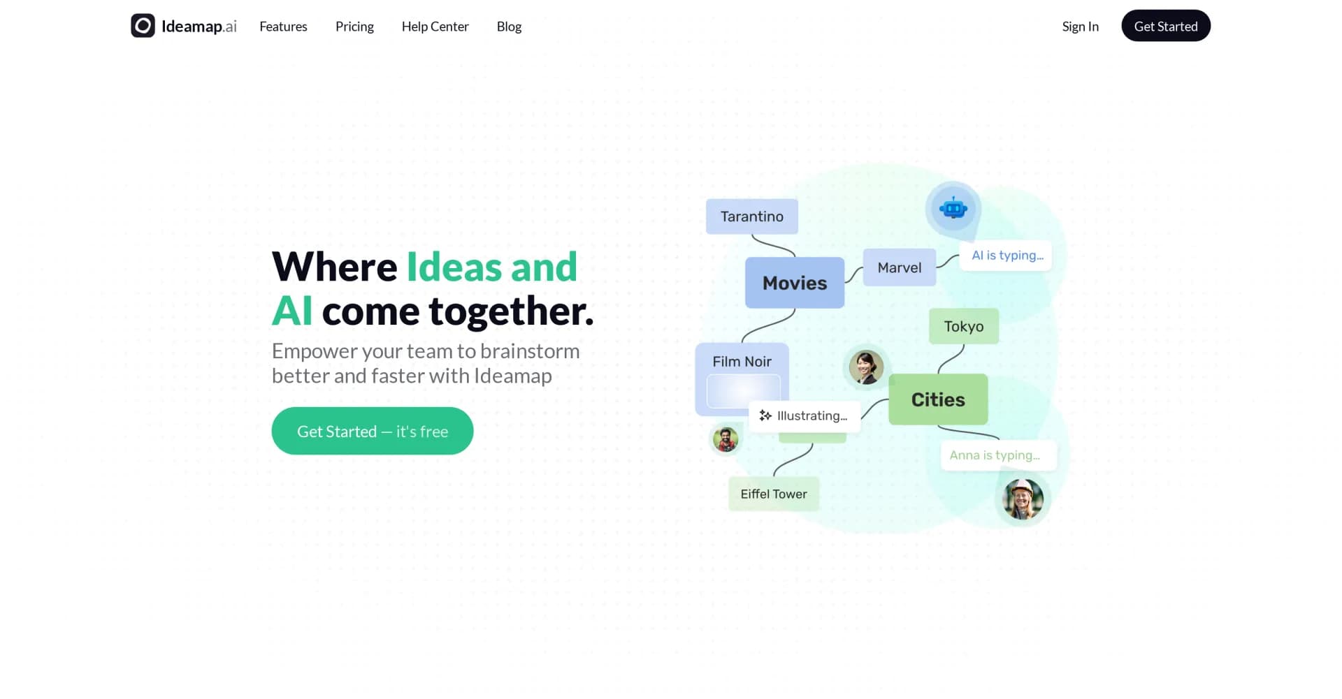 Ideamap - Brainstorm and Mindmap AI homepage screenshot — Boost your creativity with AI-powered brainstorming.