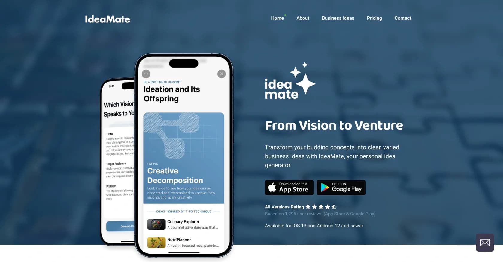 IdeaMate homepage screenshot — Transform concepts into clear business ideas.
