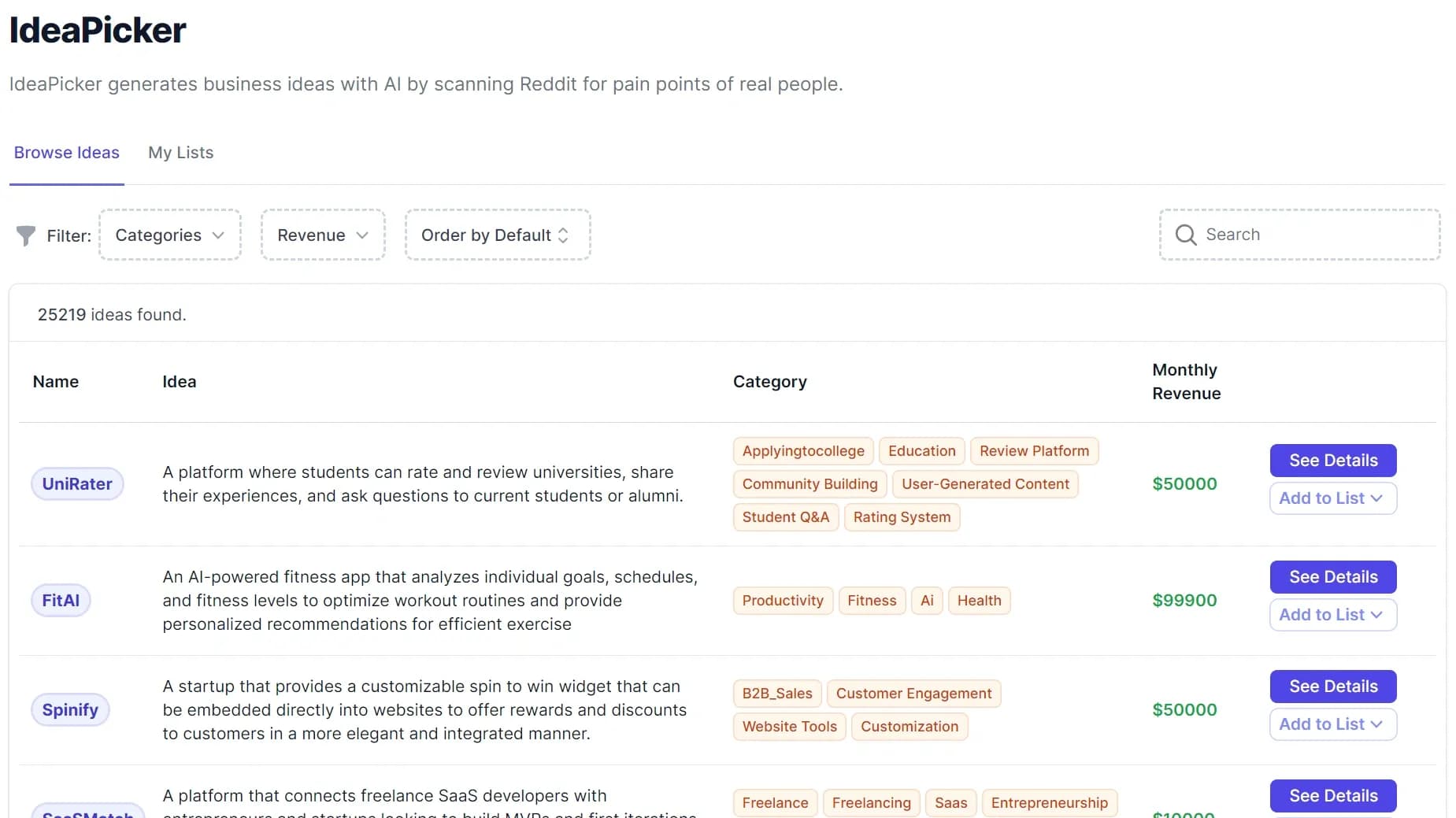 IdeaPicker homepage screenshot — IdeaPicker - Generate startup ideas with AI by scanning Redd