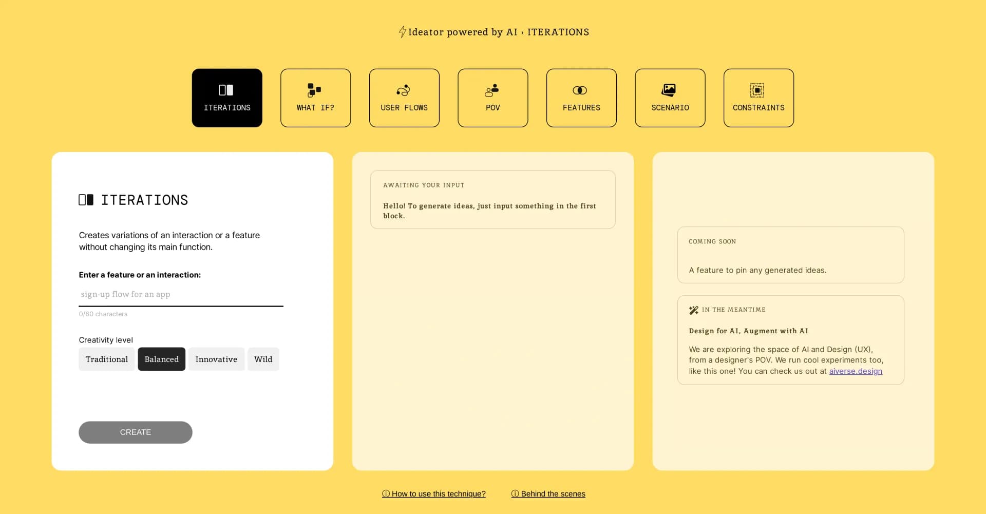 Ideator AI homepage screenshot — AI-powered ideation for designers and innovators