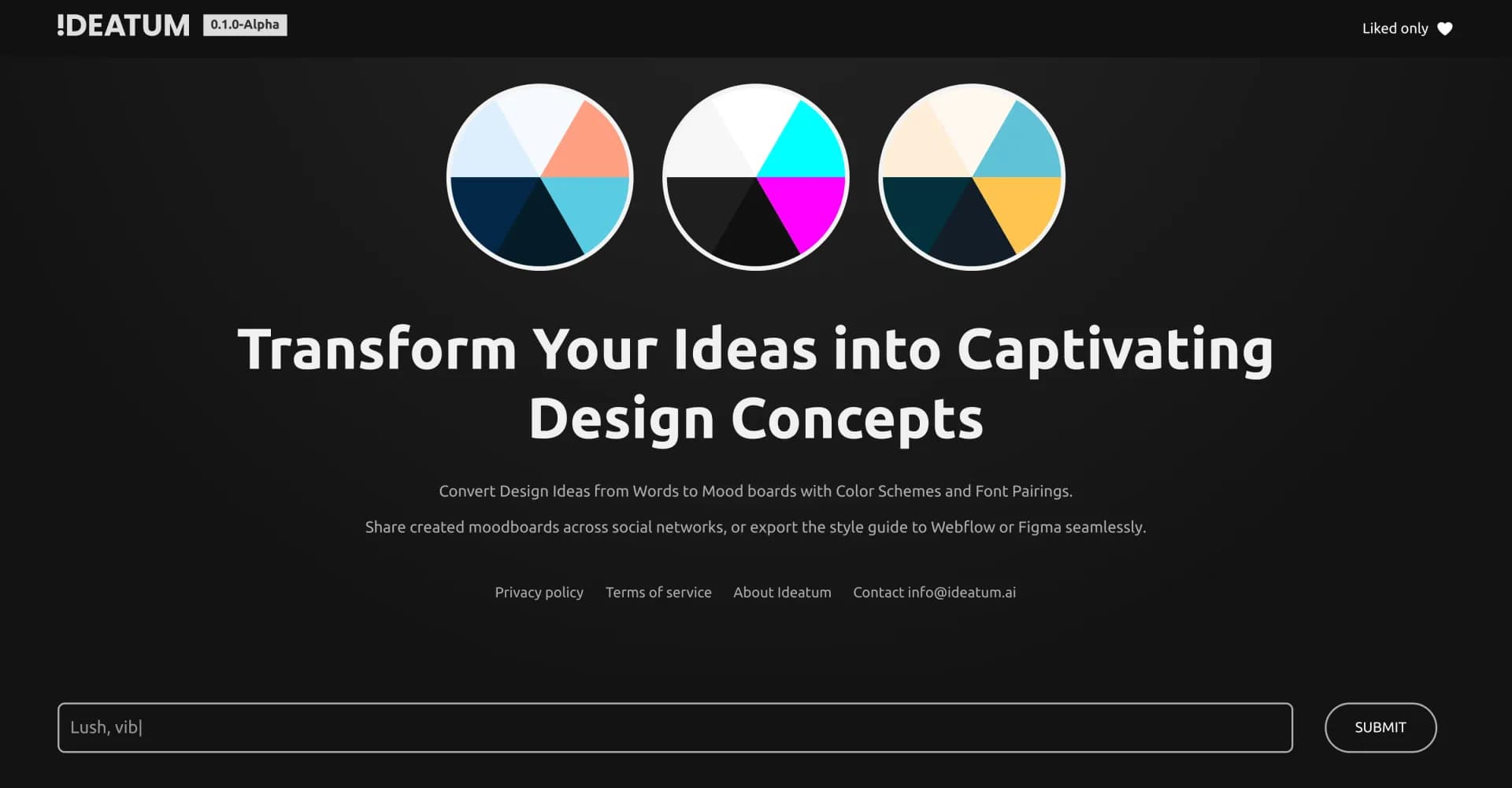 Ideatum homepage screenshot — Transform ideas into captivating design concepts instantly