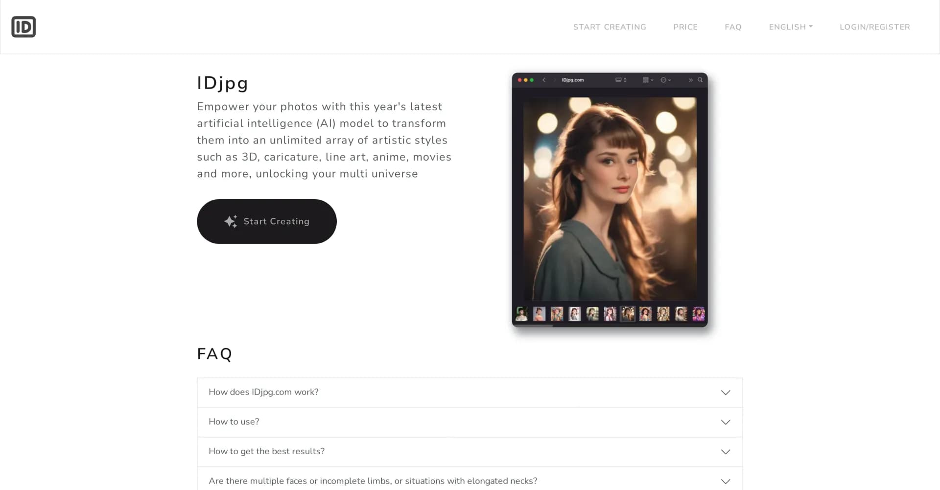 IDjpg homepage screenshot — Transform photos while preserving personal features