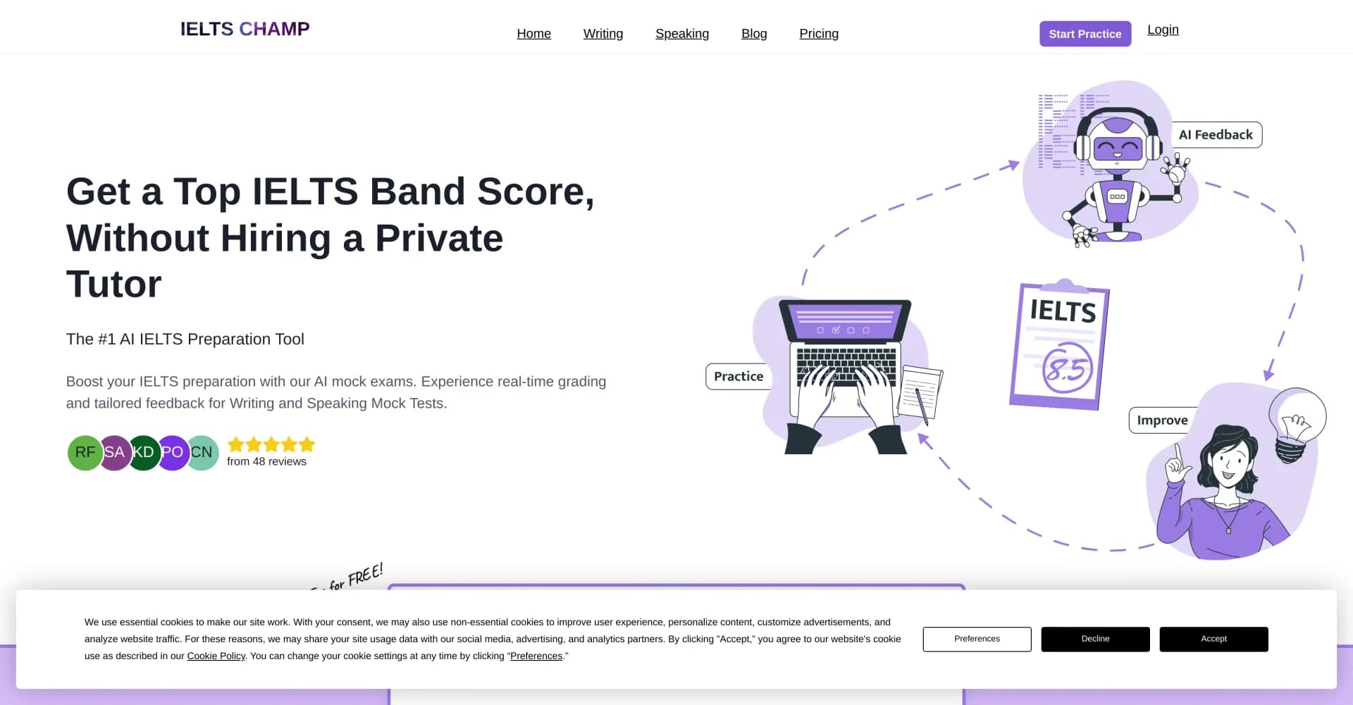 IELTS CHAMP homepage screenshot — AI-powered IELTS prep for top band scores