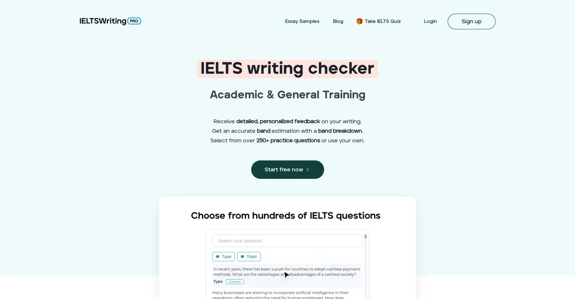 IELTSWritingPro homepage screenshot — Boost your IELTS writing score with instant feedback
