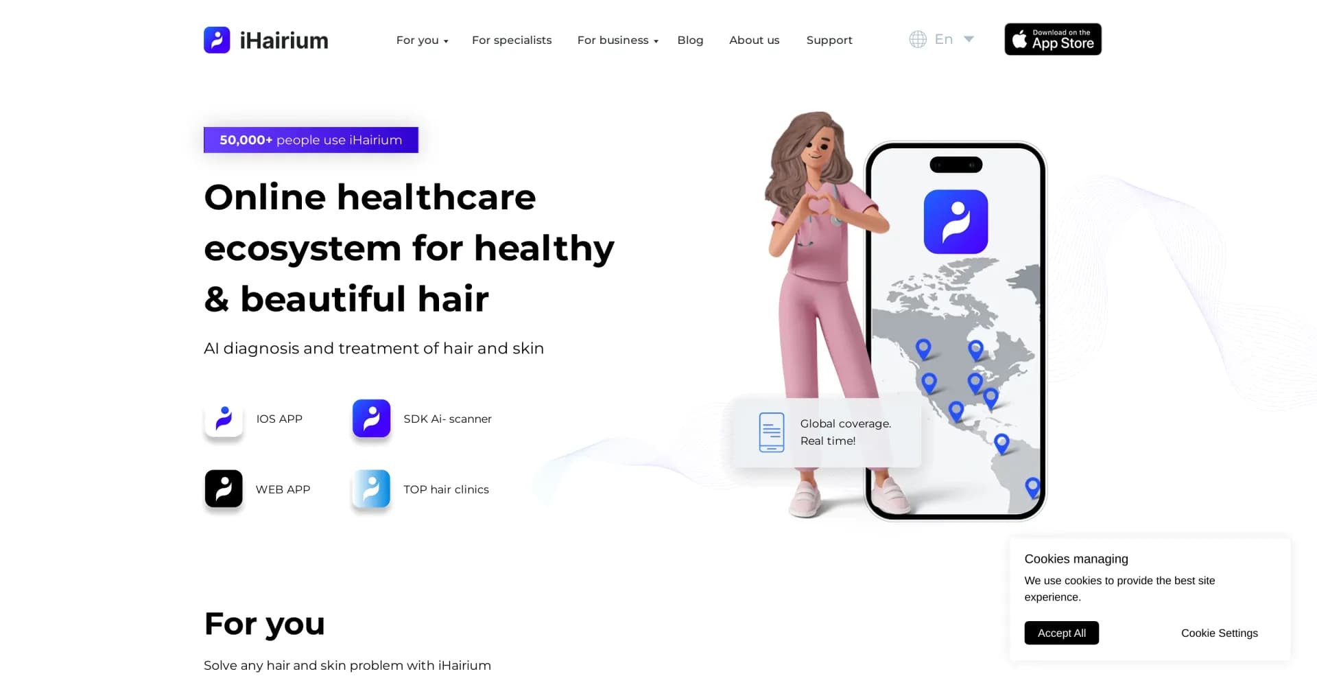 iHairium homepage screenshot — AI-powered hair health ecosystem for diagnosis and treatment