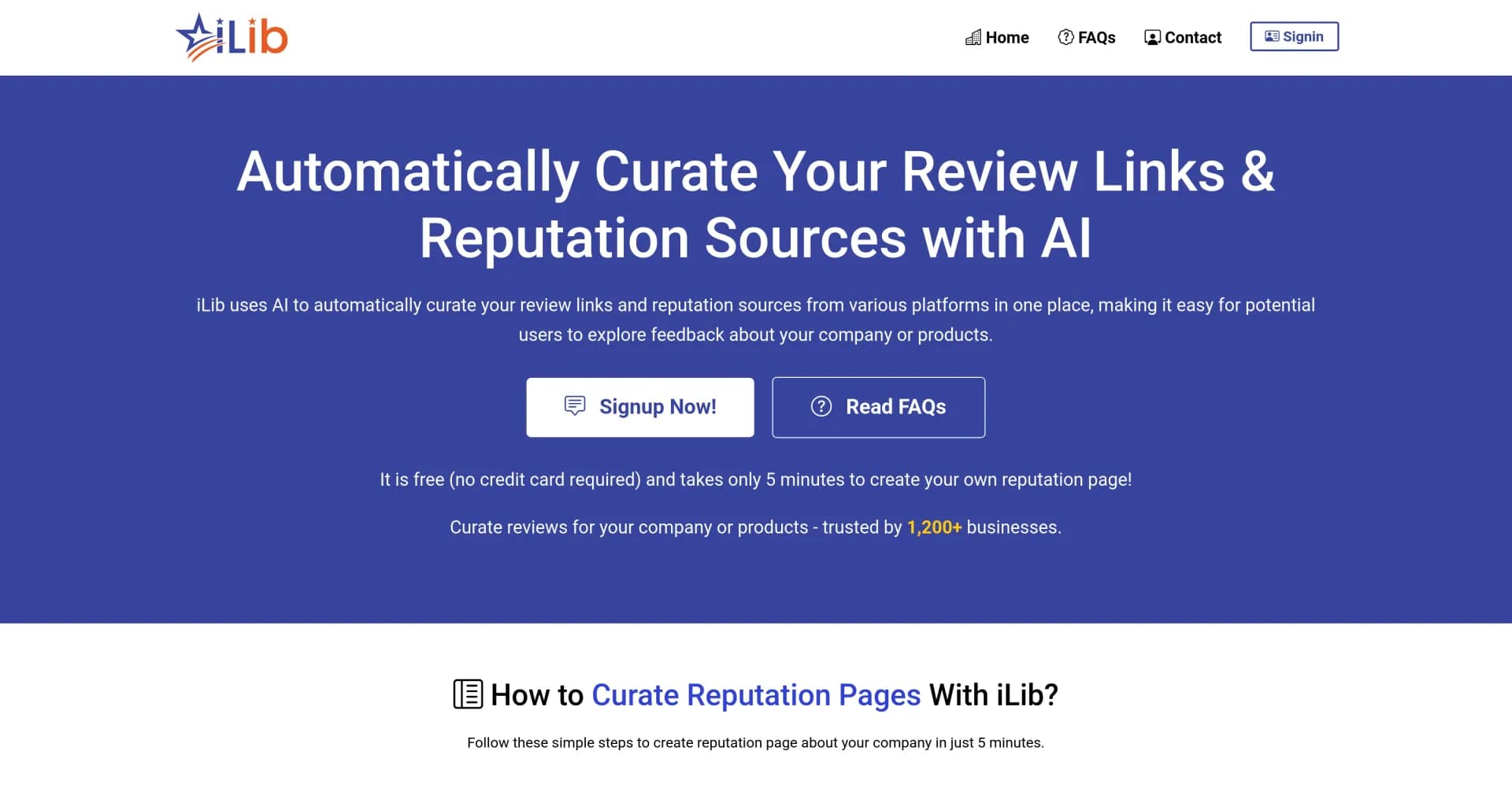 iLib homepage screenshot — AI-powered reputation curation in one place.