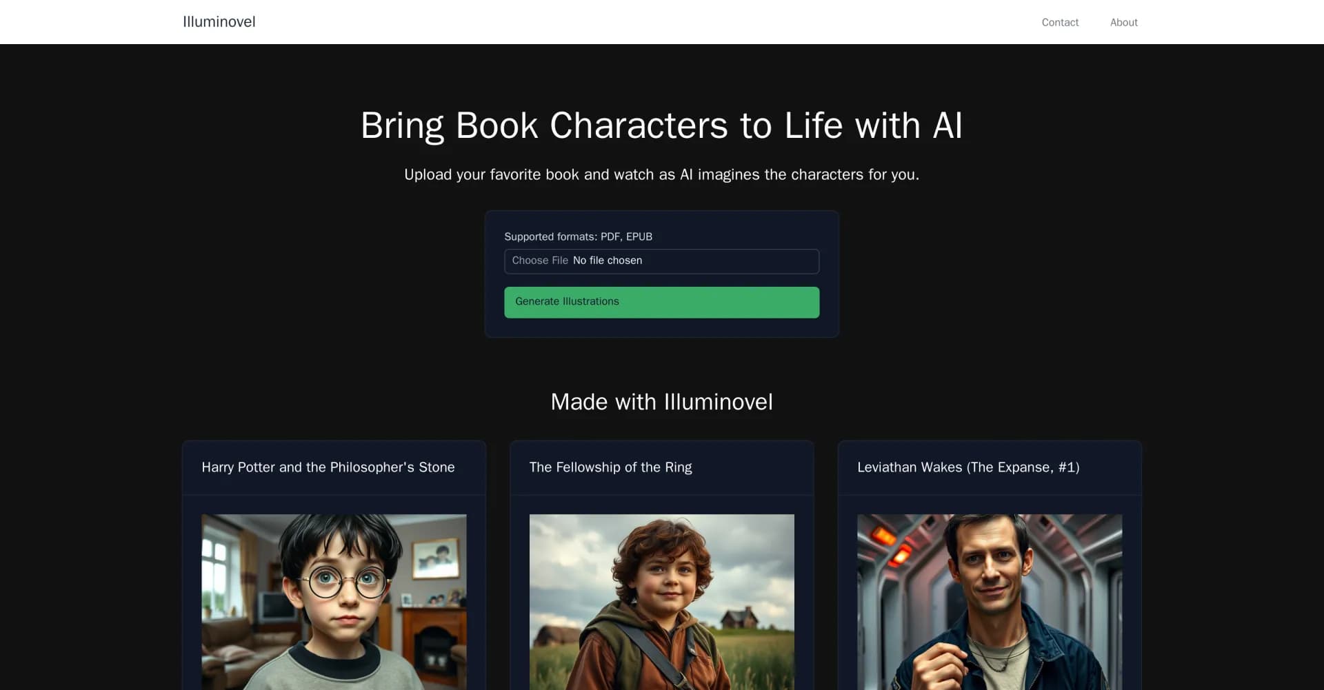 Illuminovel homepage screenshot — Bring book characters to life with AI