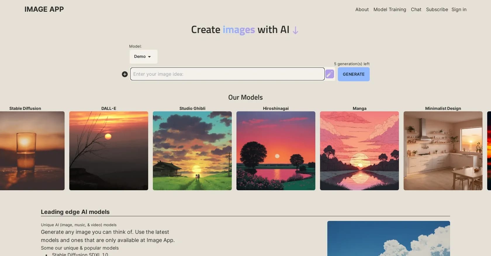 Image App homepage screenshot — Generate AI images with cutting-edge models.