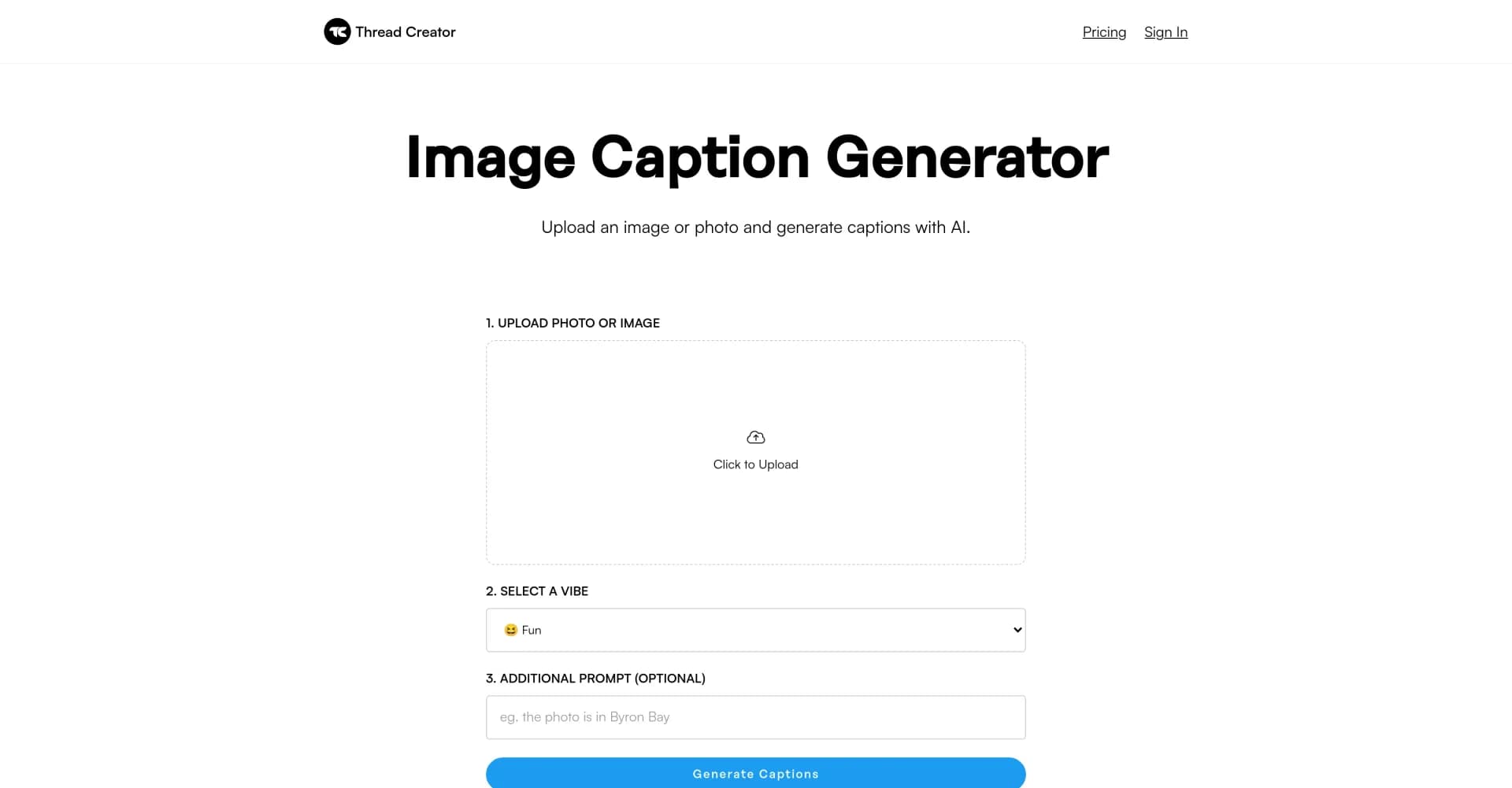 Image Caption Generator homepage screenshot — Generate AI captions for images instantly
