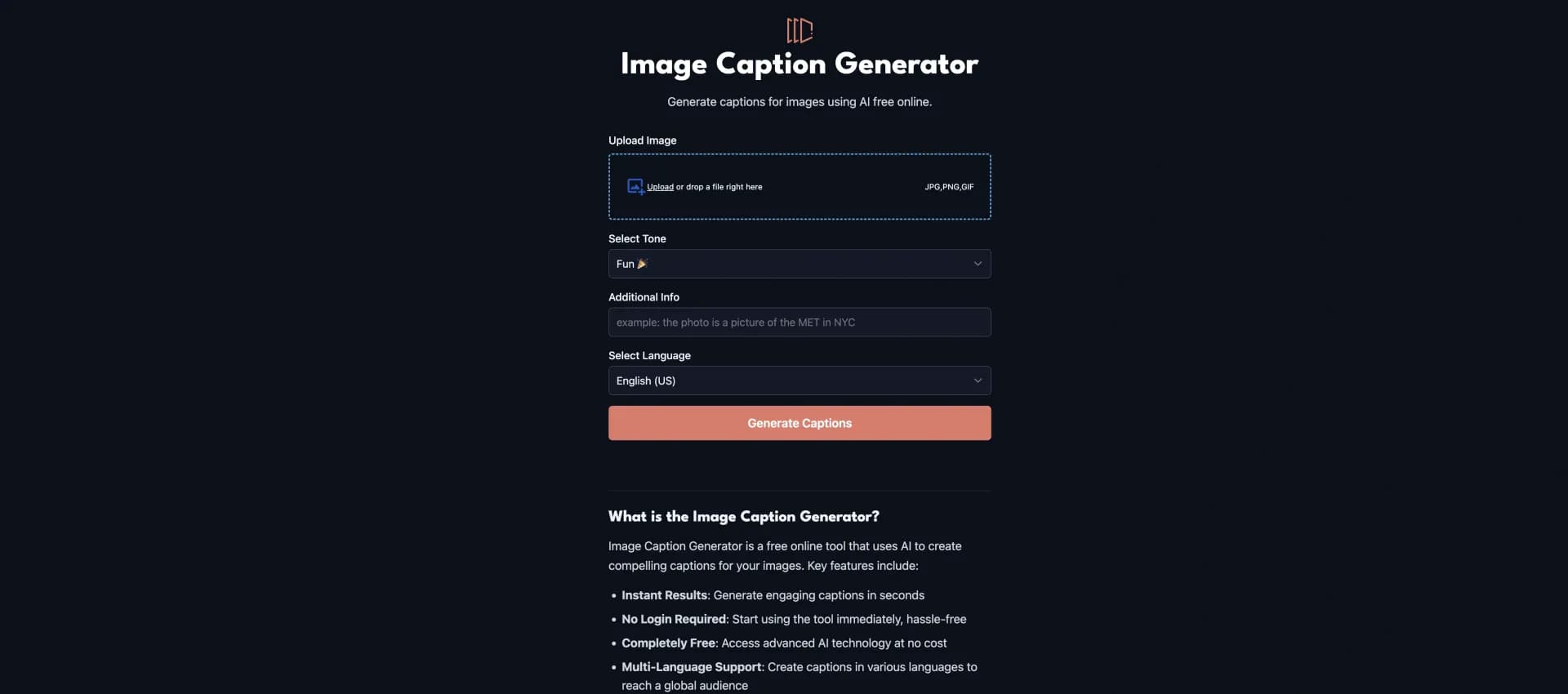 Image Caption Generator homepage screenshot — Create AI-powered captions for your images instantly